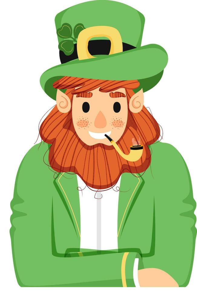 Cartoon Leprechaun Man Smoking with Pipe in Sitting pose. vector