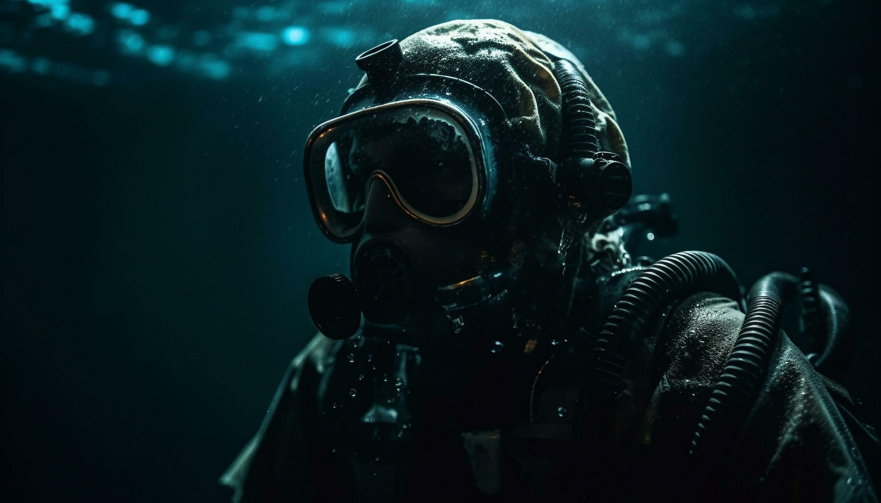 uno persona escafandra autónoma buceo submarino con militar equipo y
