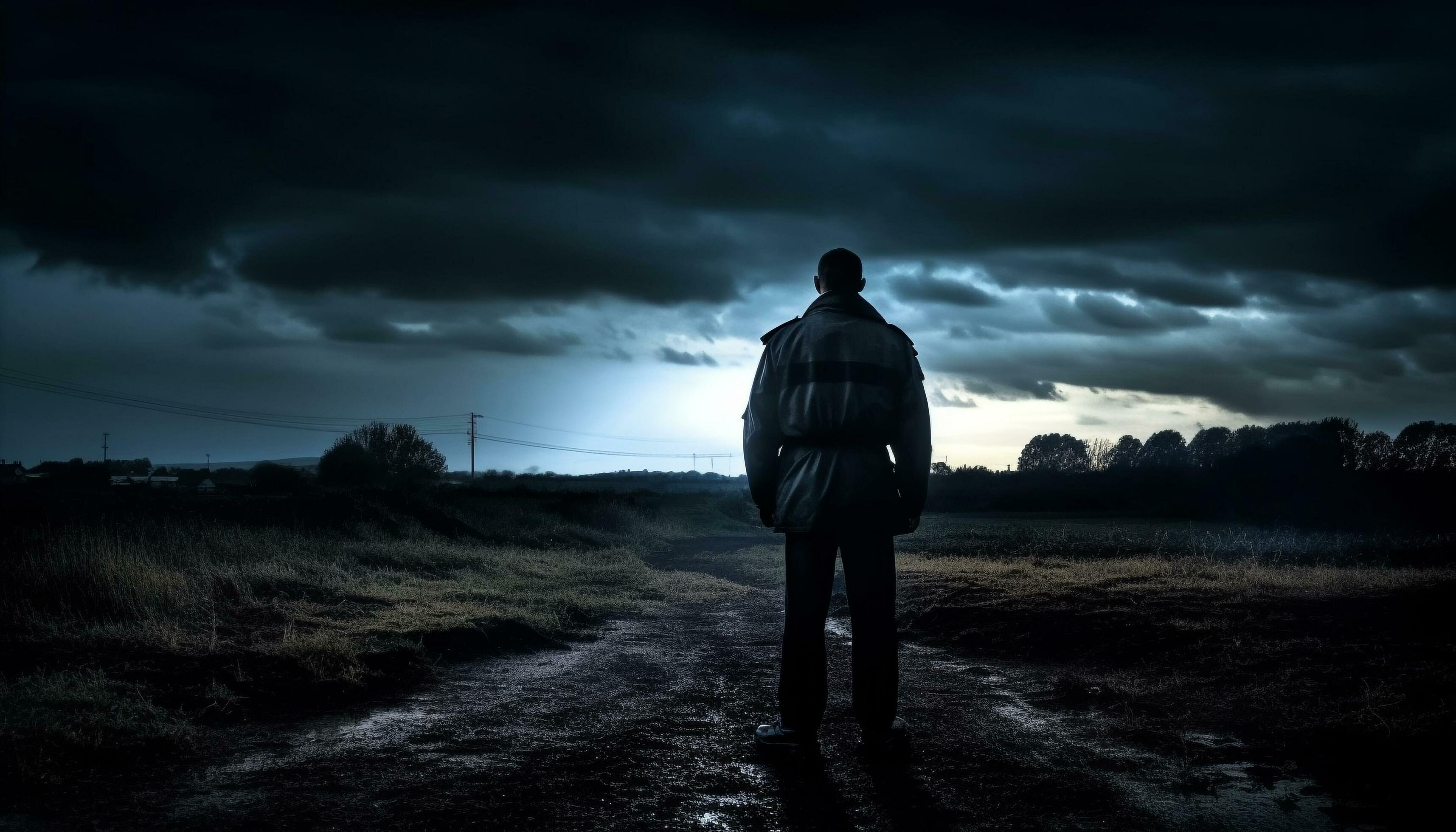 Solitude in nature one man standing, back lit by sunset generated by AI