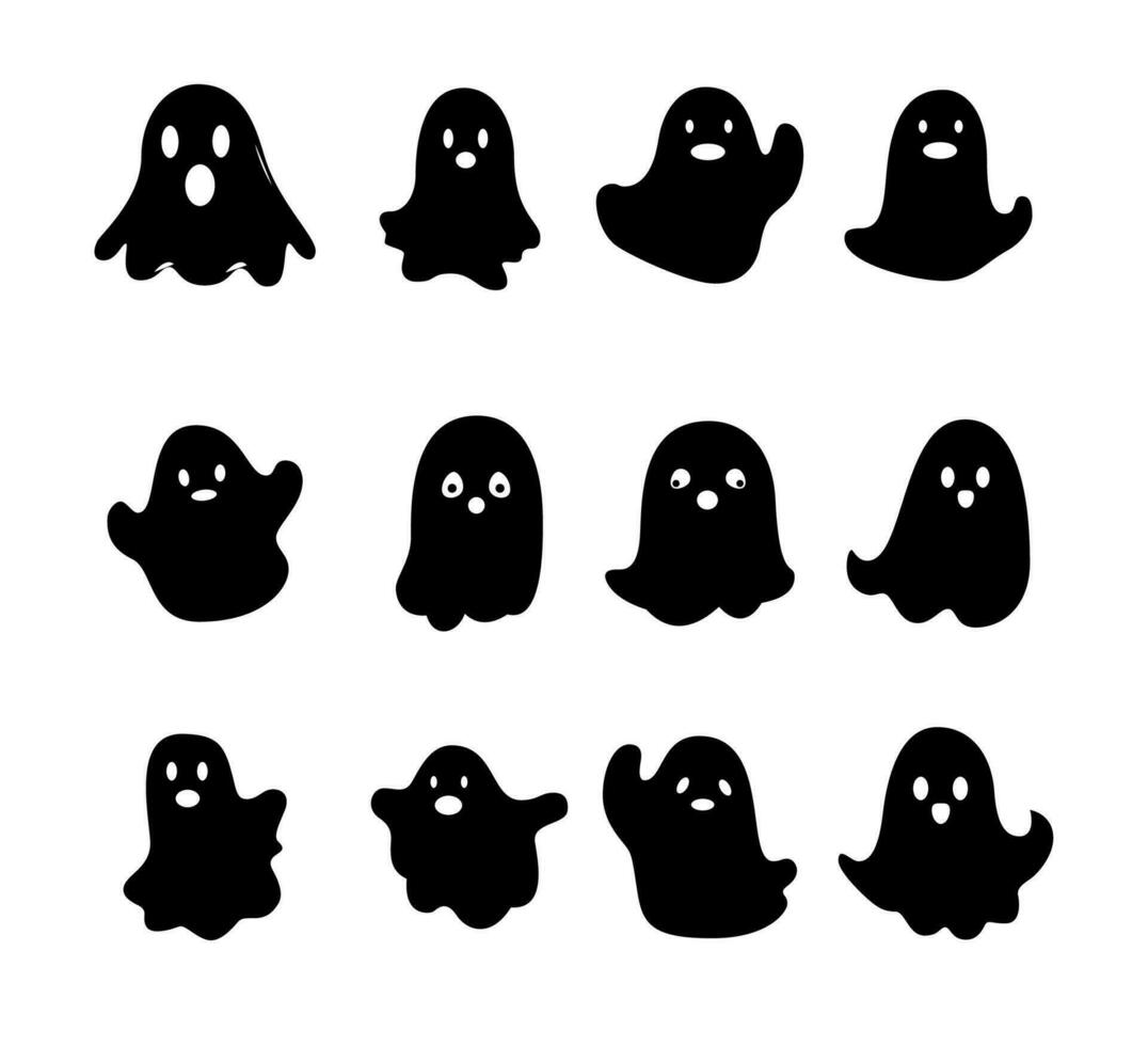 Halloween ghost, flat silhouette collection set. Vector Illustration
