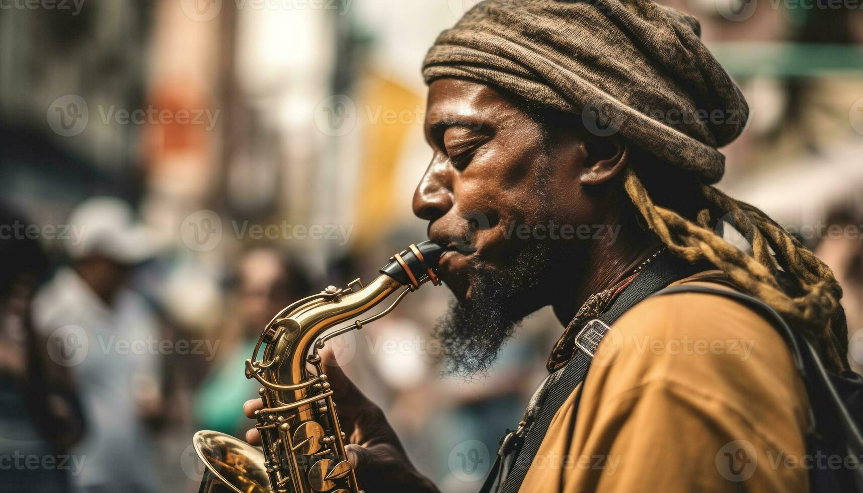 One man playing saxophone, blowing skillfully at outdoor performance