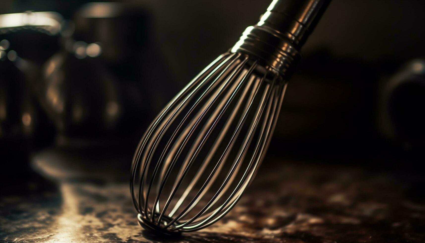 Organic flour mixing with wire whisk in rustic kitchen utensil