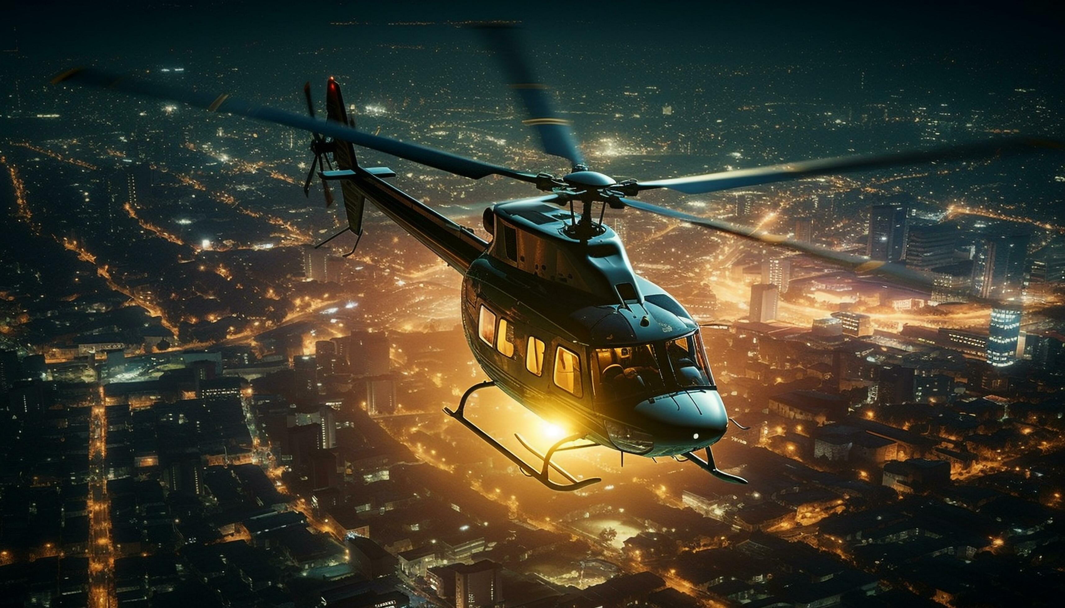 Mid air helicopter flying over cityscape at night, glowing blue