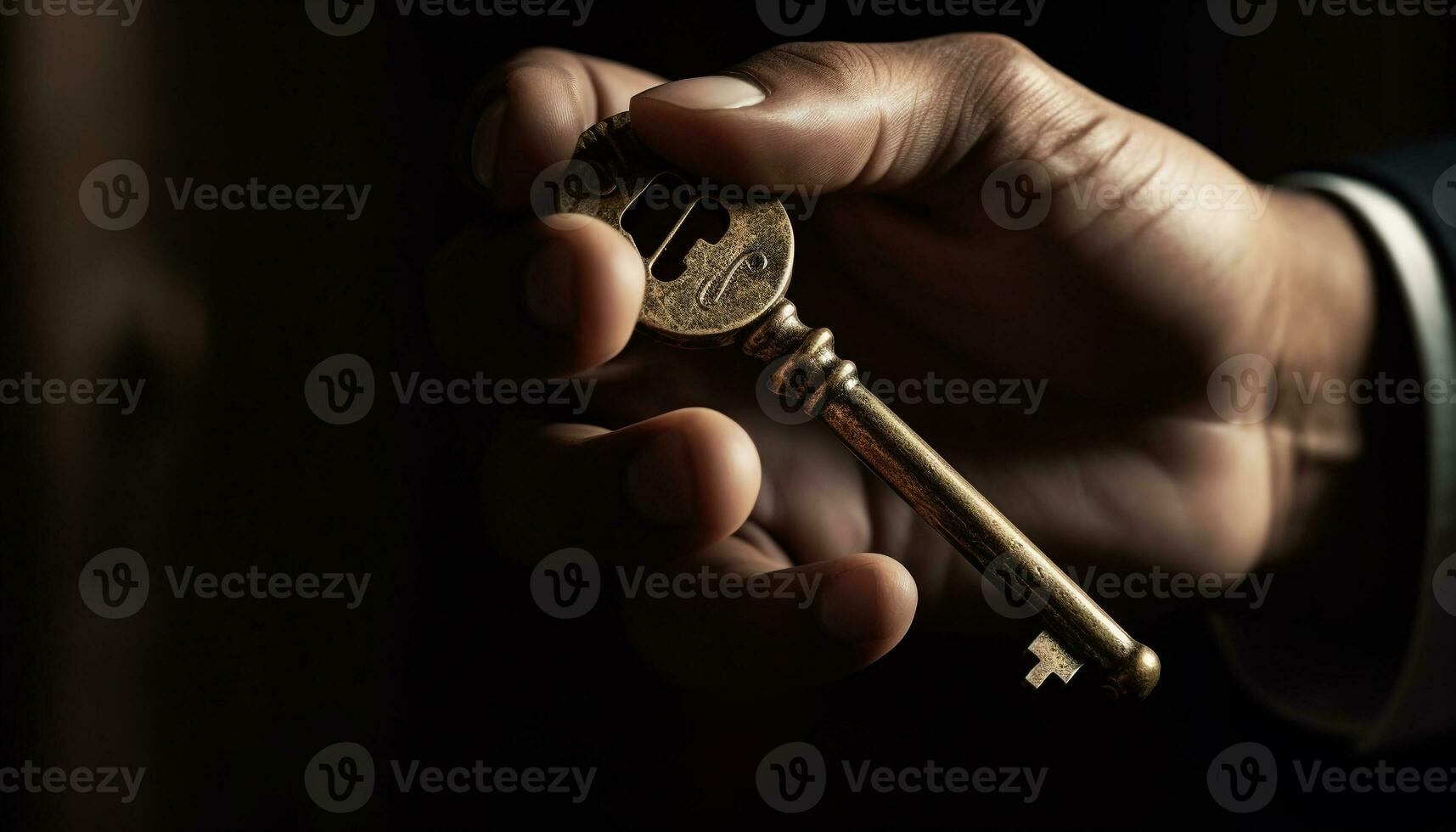 Unlocking success with an antique skeleton key held by businessman
