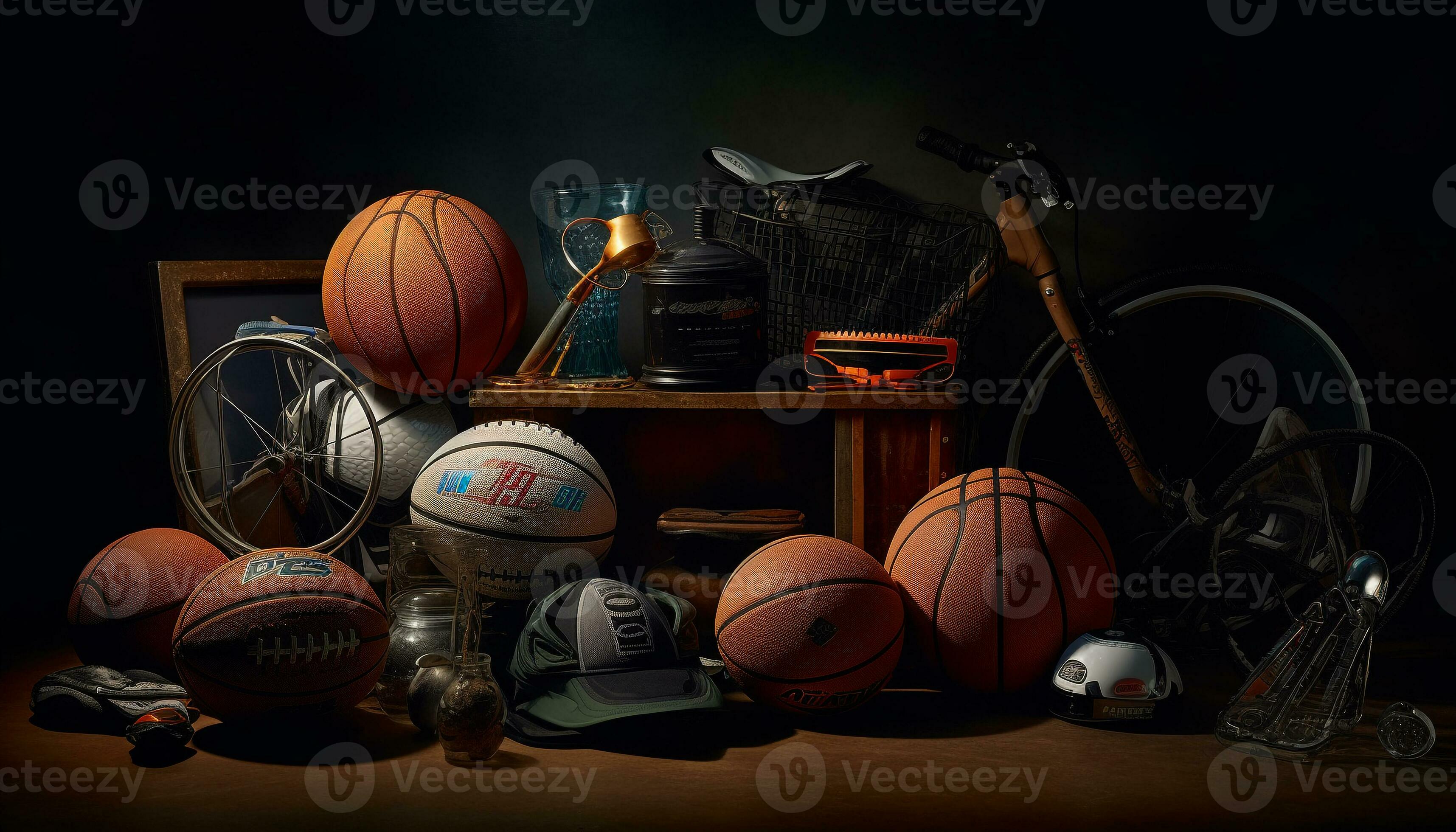 Sports equipment collection ball, bat, glove, hoop, and shoe generated by AI 24929603 Stock