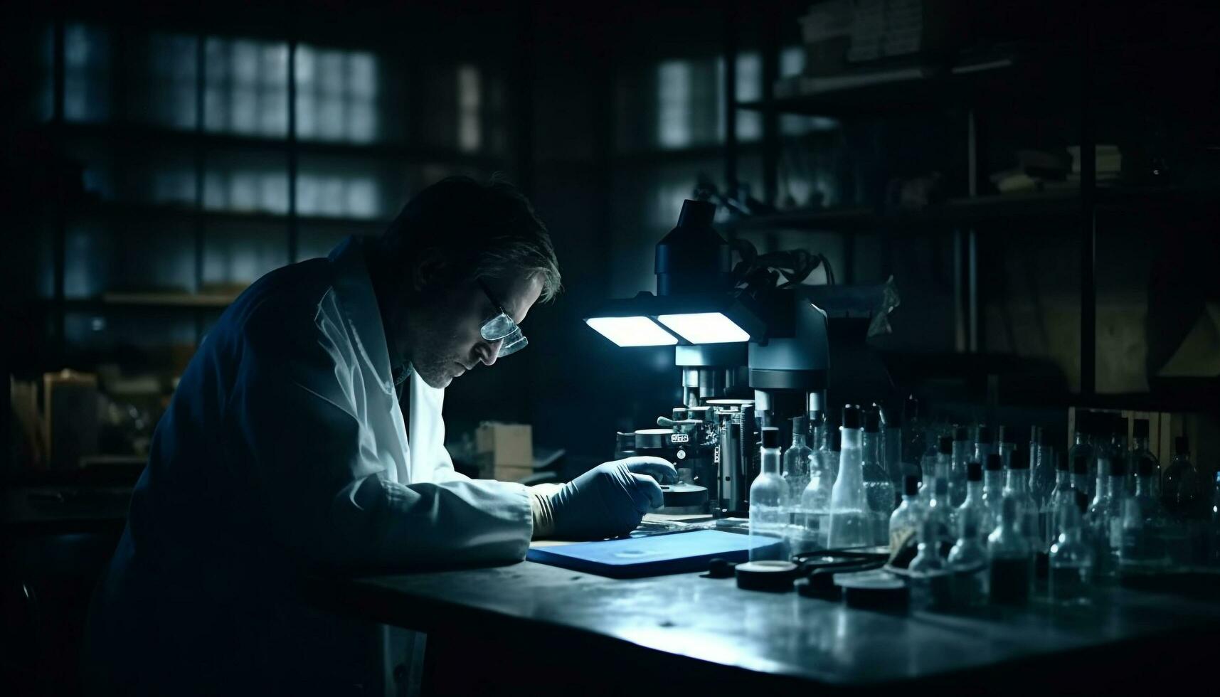 One scientist analyzing liquid in dark laboratory with equipment