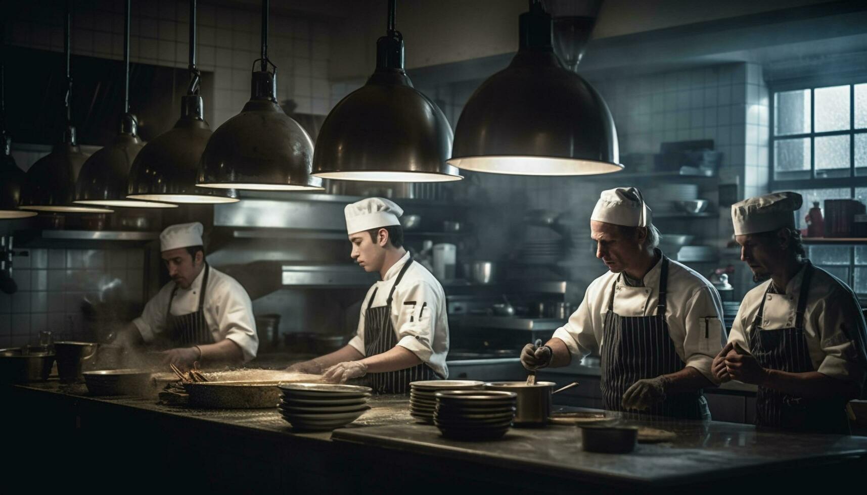 Expert chefs in commercial kitchen prepare meals with teamwork and skill generated by AI photo
