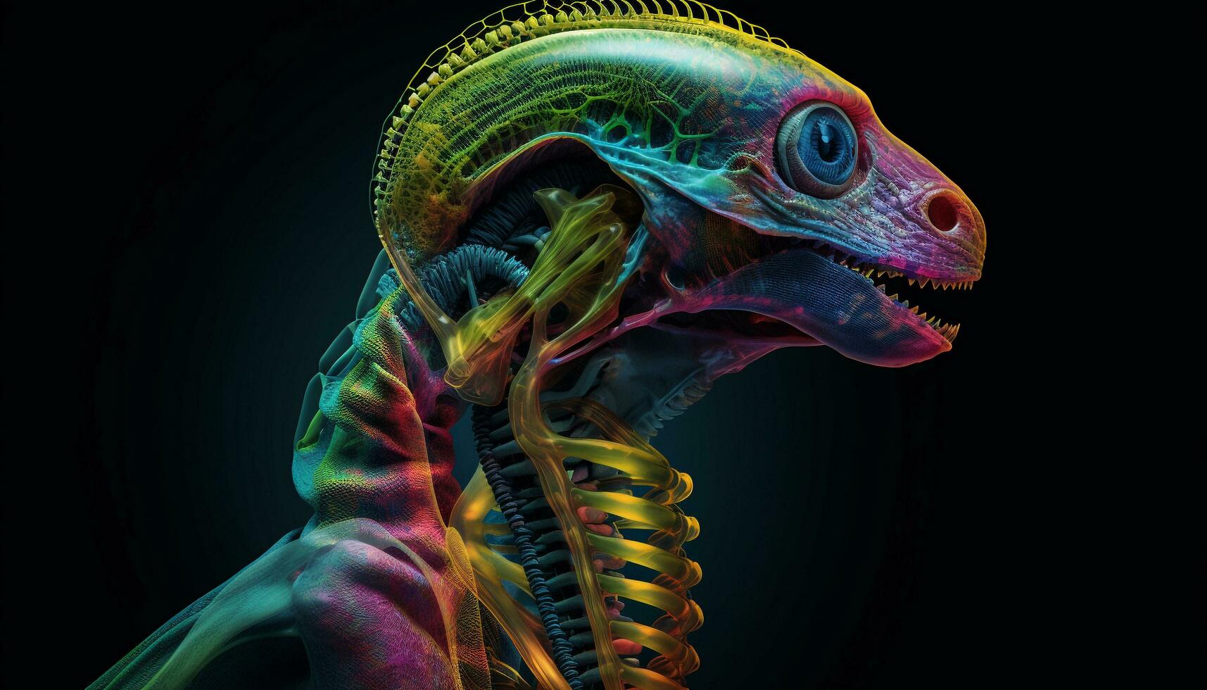 Multi colored reptile anatomy in three dimensional illustration