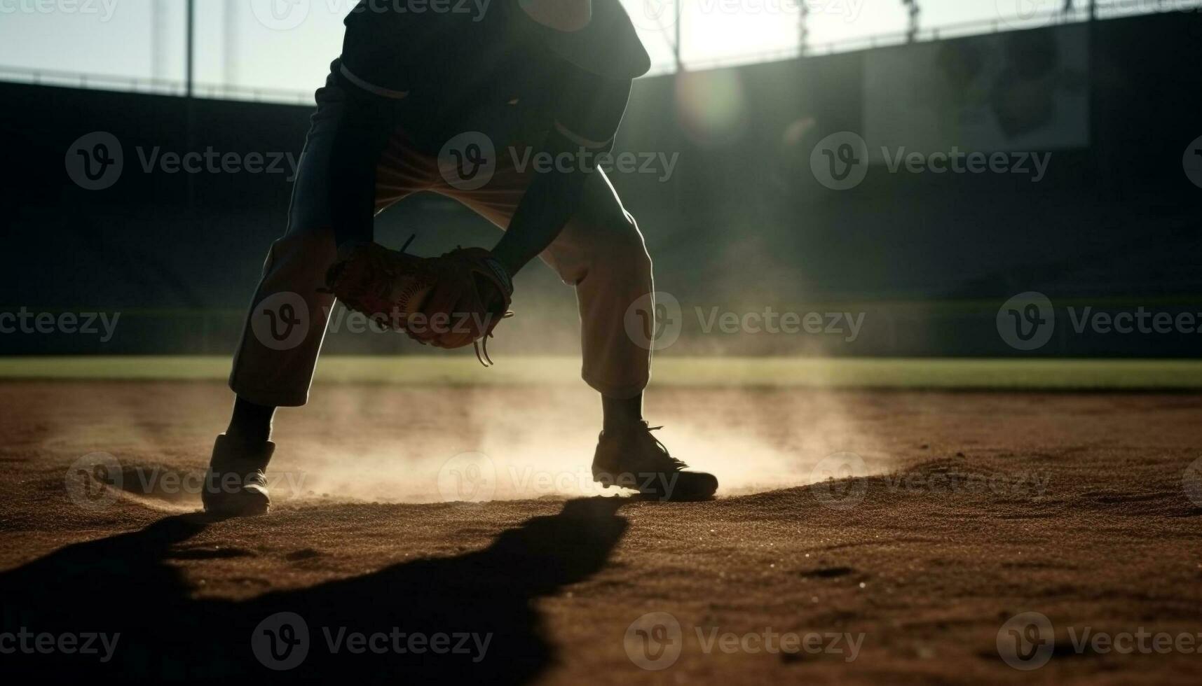 Muscular baseball player hits ball with determination on playing field generated by AI 24930176