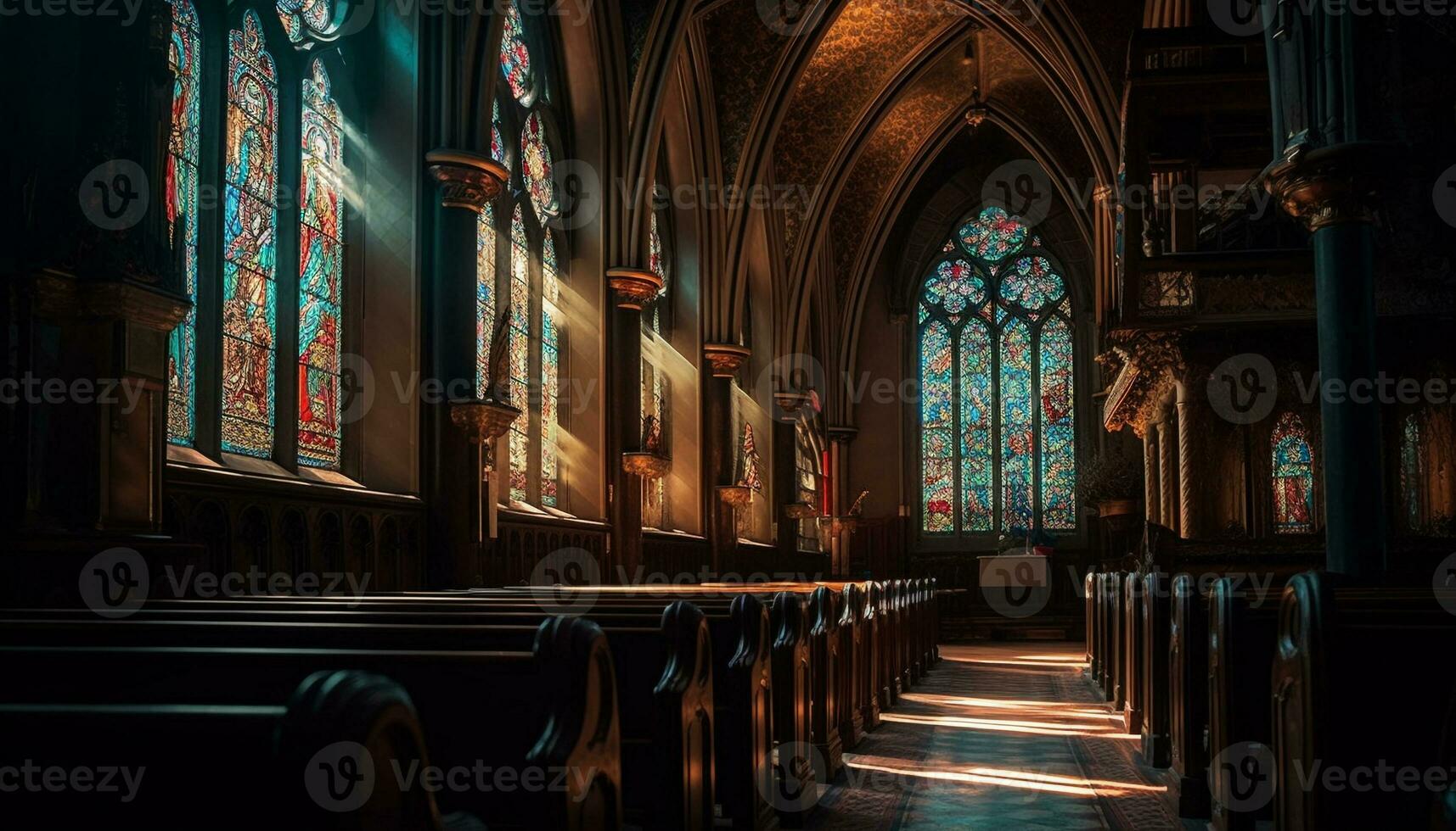 Stained glass illuminates gothic chapel ancient history generated by AI photo