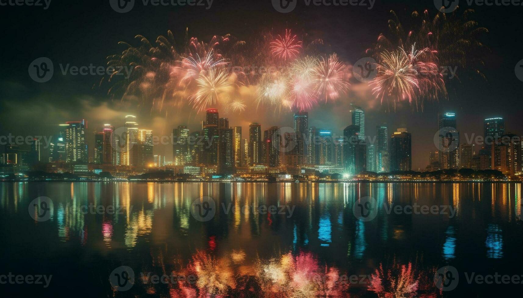 Vibrant city life ignites celebration with fireworks generated by AI photo