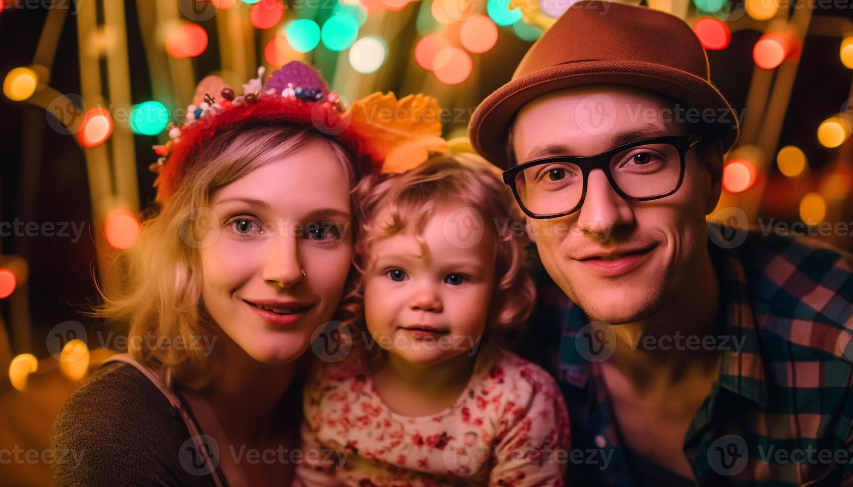 familia unión debajo iluminado Navidad árbol al aire libre generado por ai foto