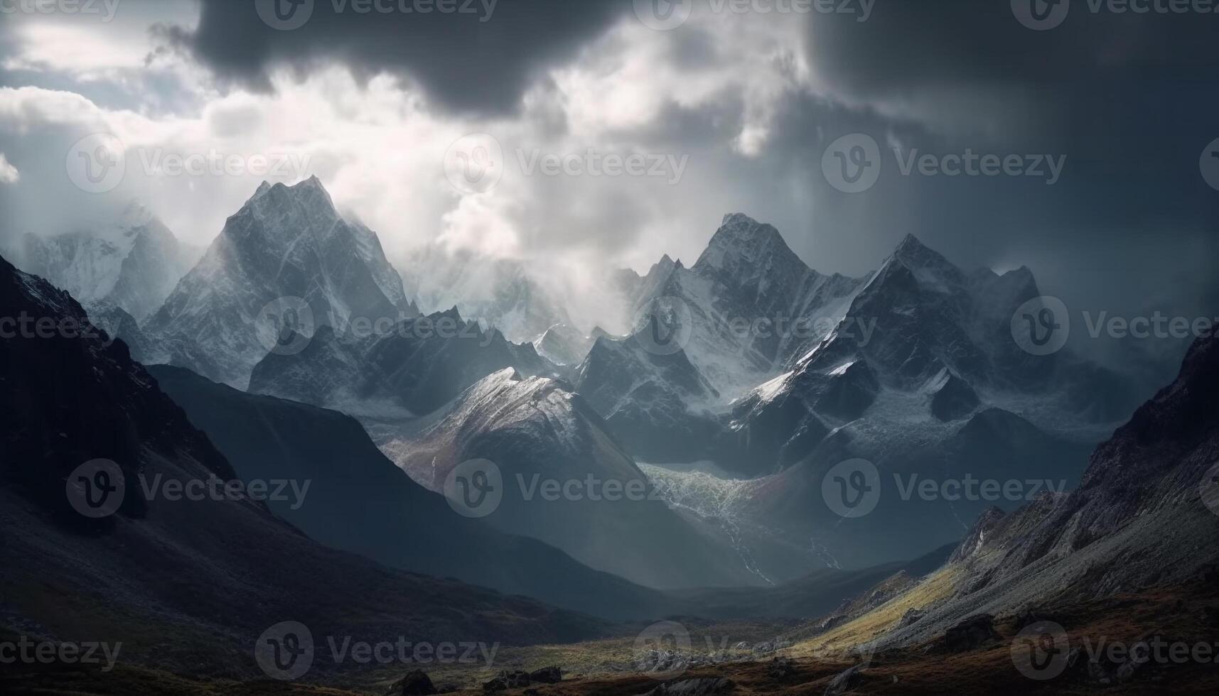 Majestic mountain range, a tranquil meadow below generated by AI photo