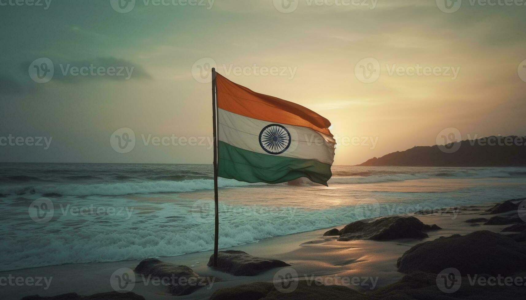 Patriotic symbol waves over tranquil coastline beauty generated by AI photo