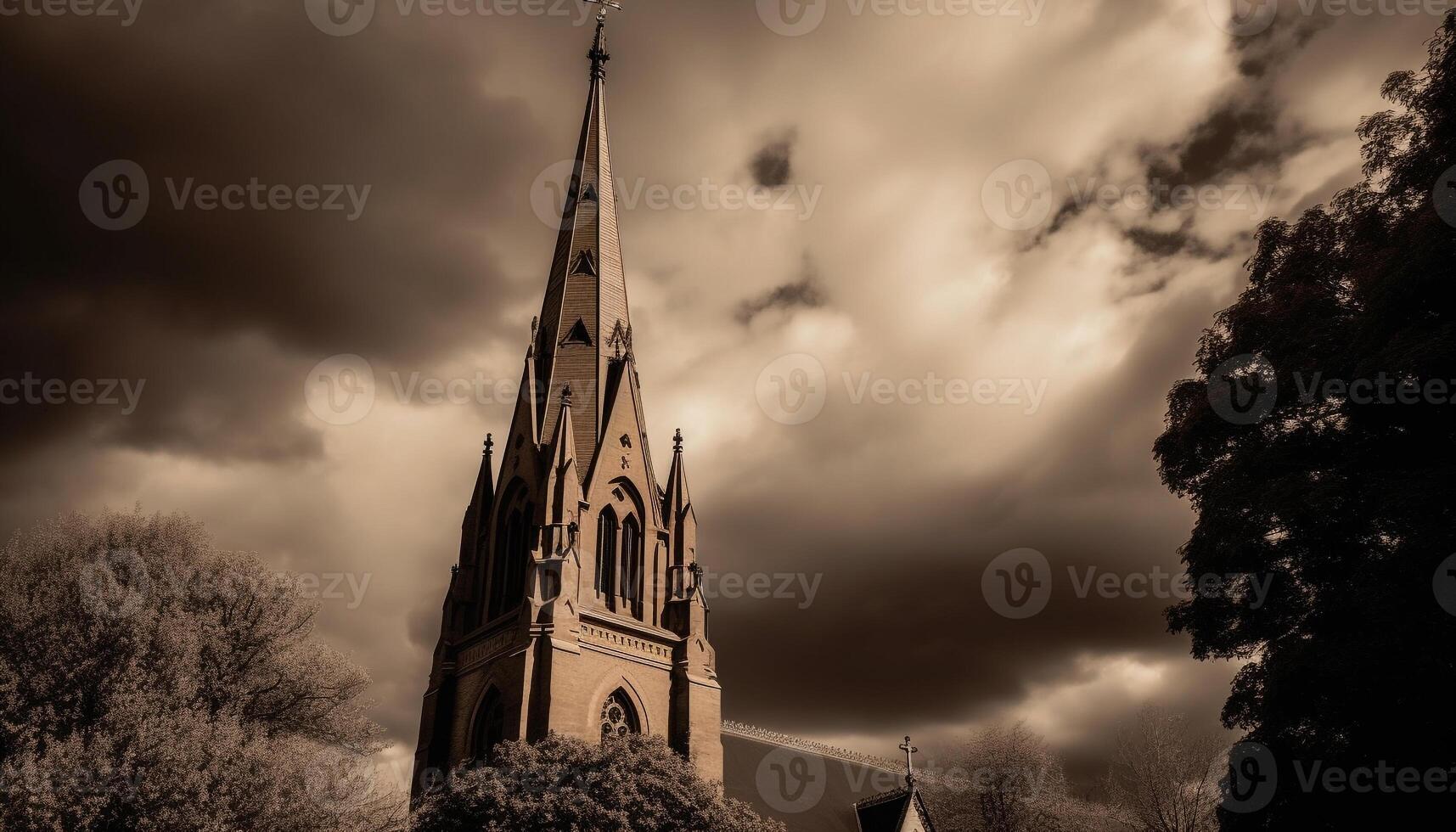 Majestic silhouette of ancient gothic spire generated by AI photo