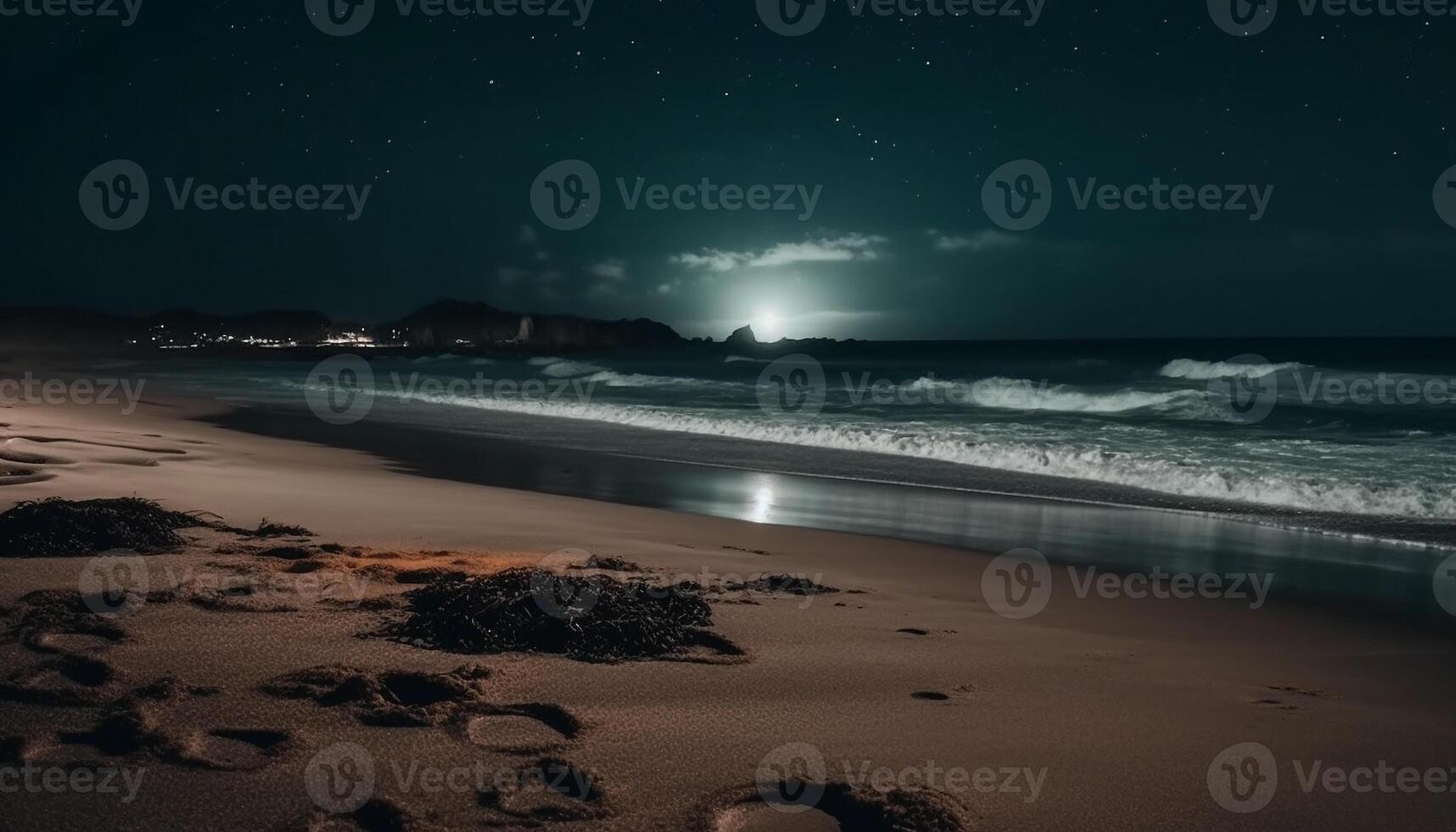 tranquilo marina, iluminado por luz de la luna y estrellas generado por ai foto