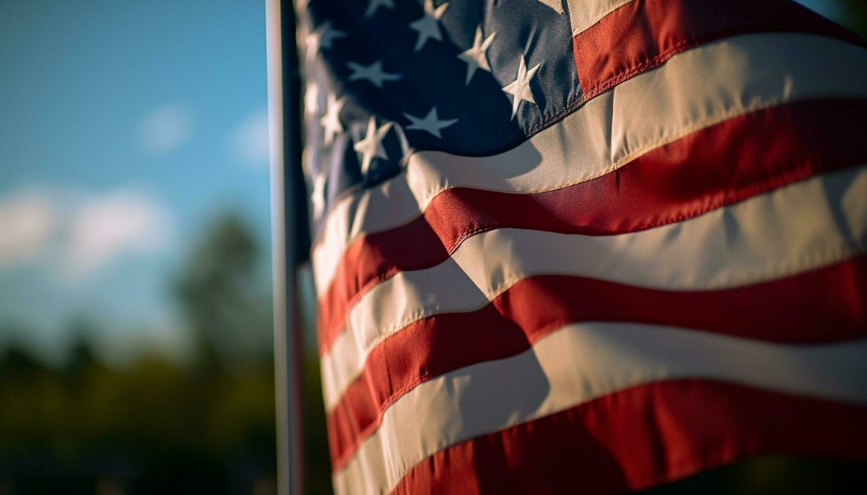 americano bandera ondulación en el verano luz de sol generado por ai foto