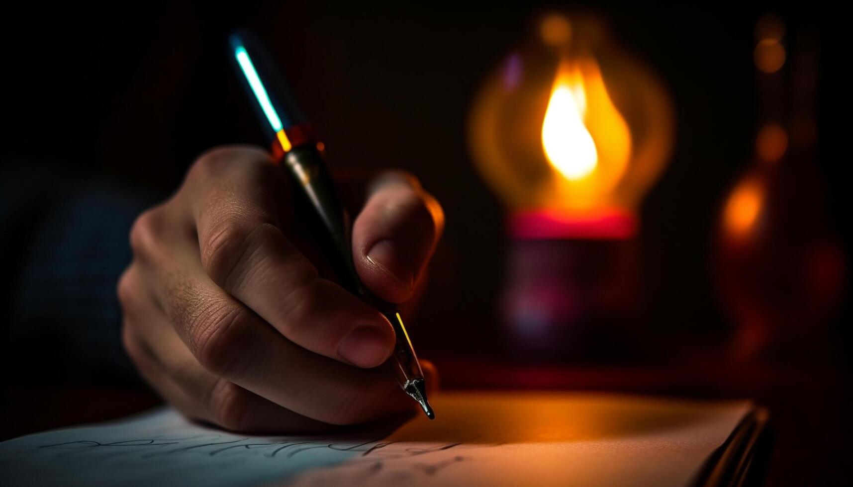 Handwriting by candlelight, creativity burning bright generated by AI photo