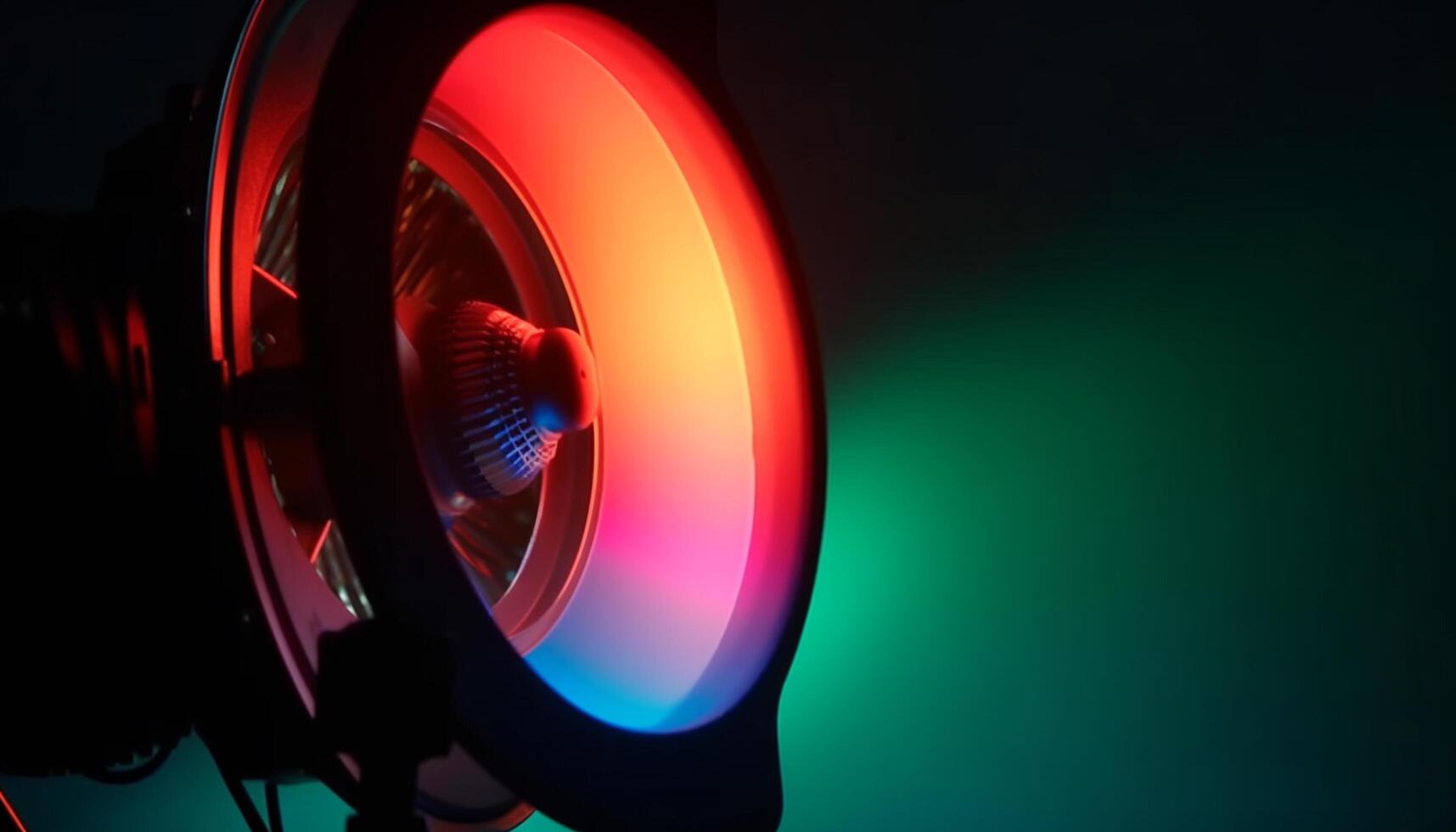 Spinning turntable illuminates modern nightclub with multi colored lights generated by AI photo