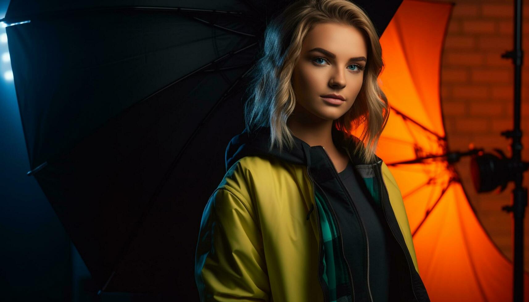 Young woman standing in rain with umbrella generated by AI photo