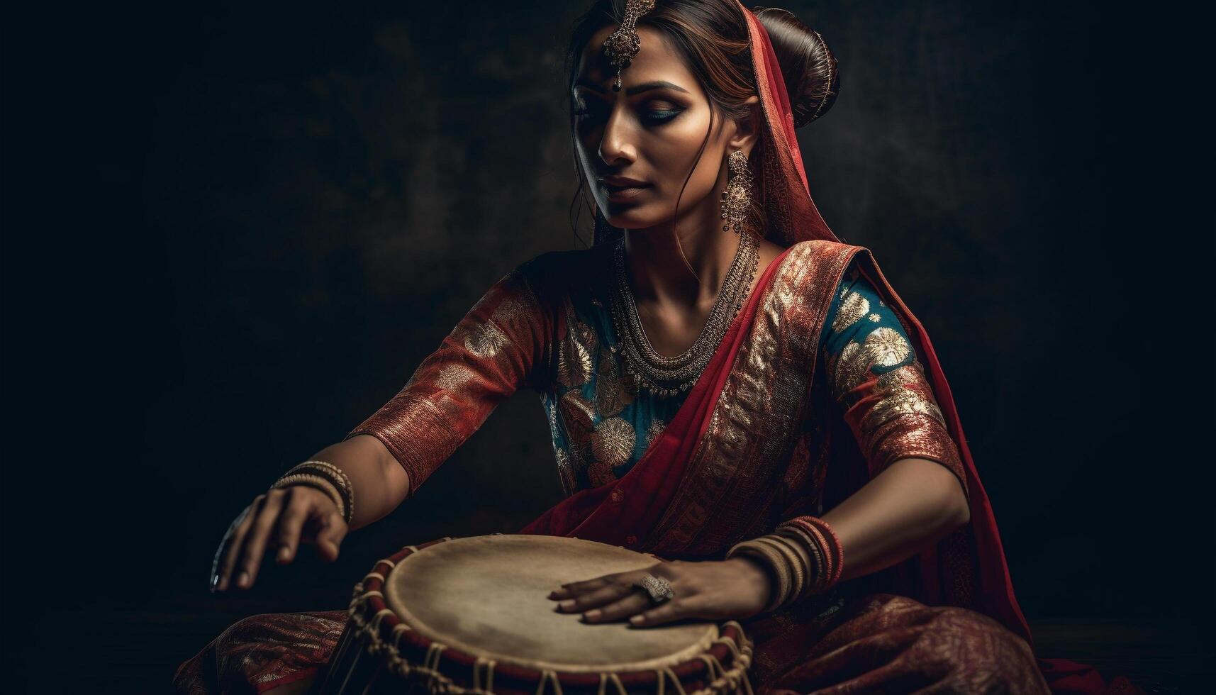 elegante joven mujer en tradicional indio sari generado por ai foto