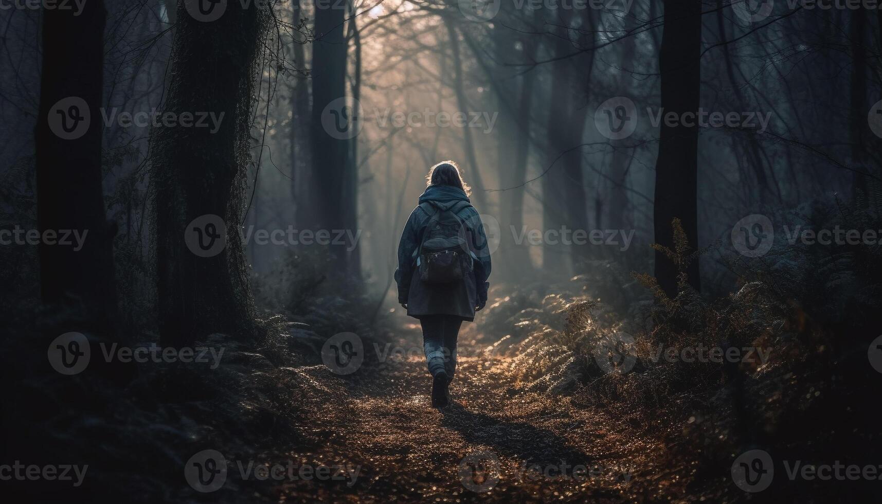 Solitude in the spooky forest, backpack adventure generated by AI photo