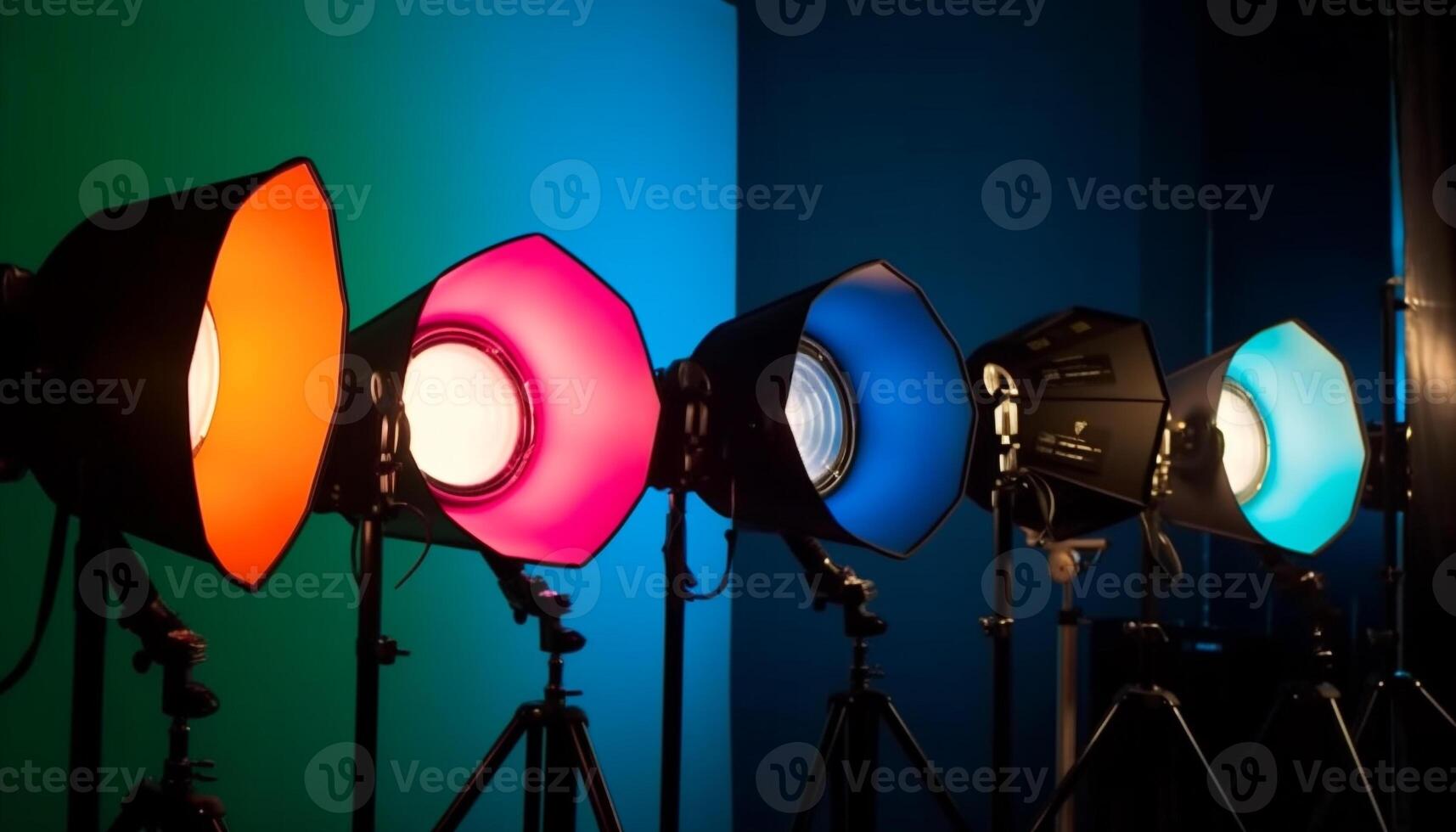 Spotlight illuminates vibrant colors on stage backdrop generated by AI photo