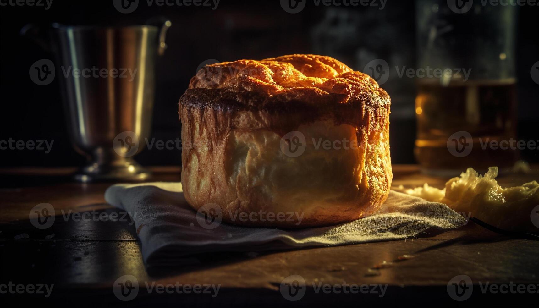 Freshly baked meat pie on rustic wooden table generated by AI photo