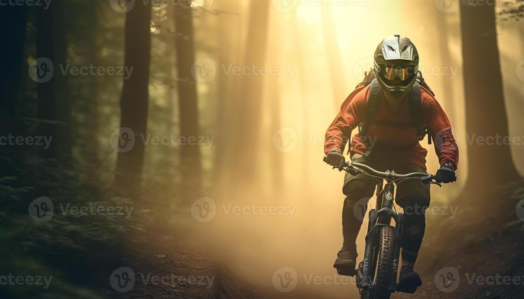 Men cycling through forest, extreme sports adventure generated by AI photo