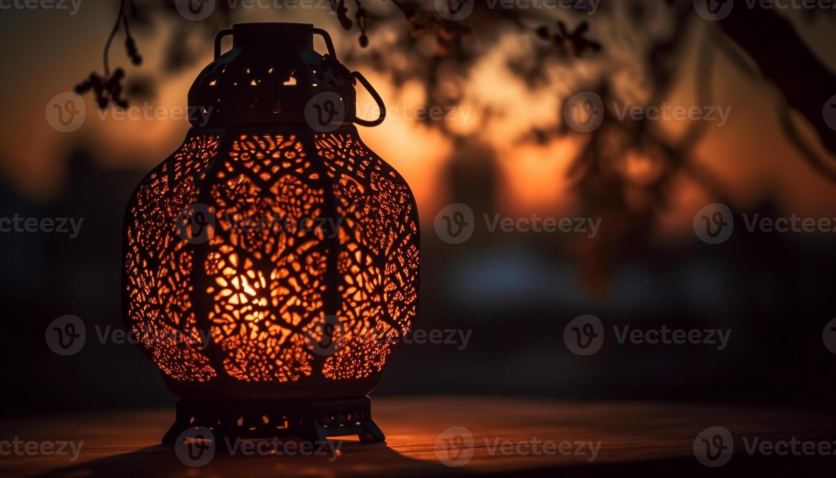 Antique lantern glowing with bright orange light generated by AI photo