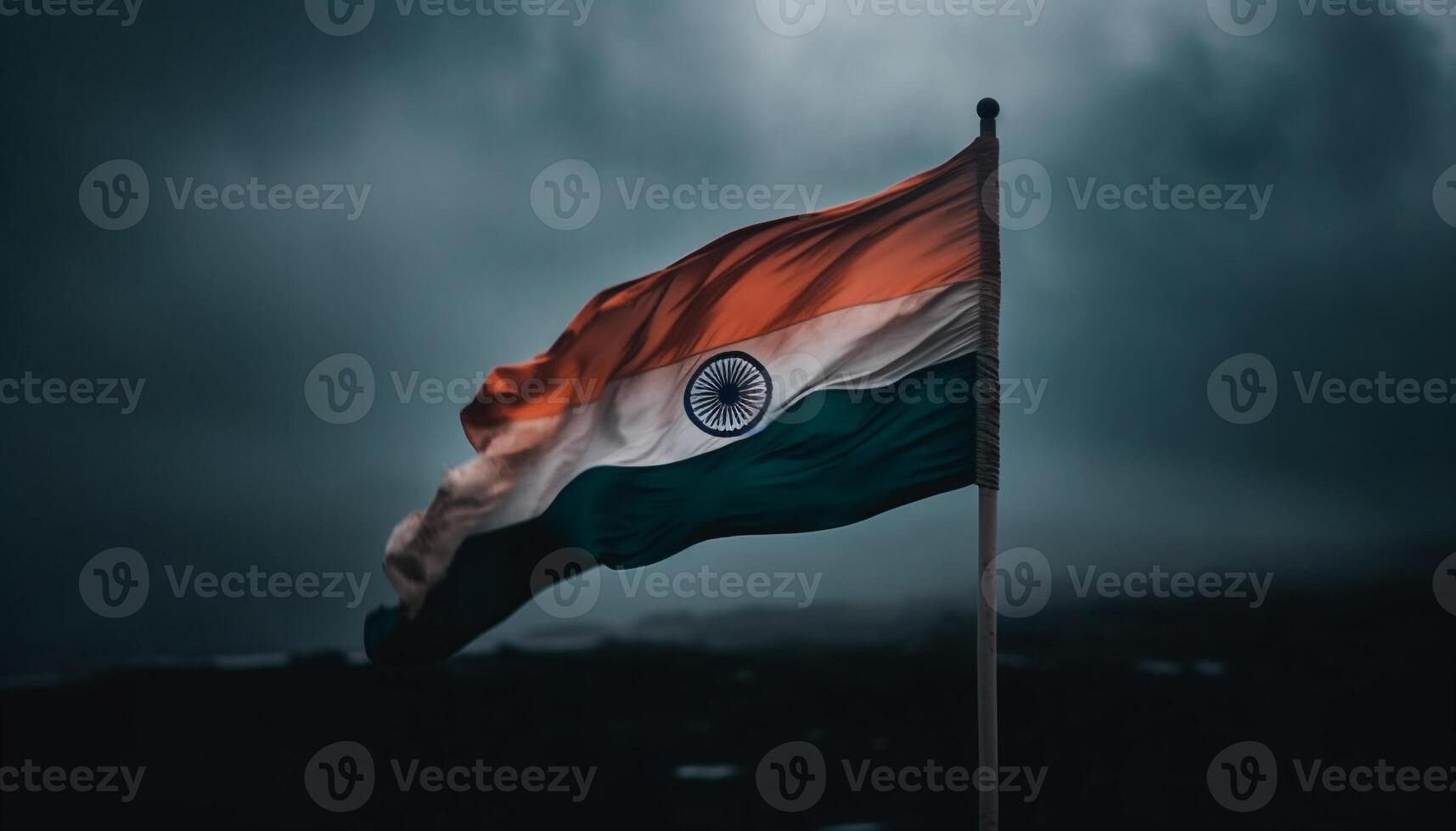 Waving flag atop majestic mountain, symbolizing patriotism generated by AI photo