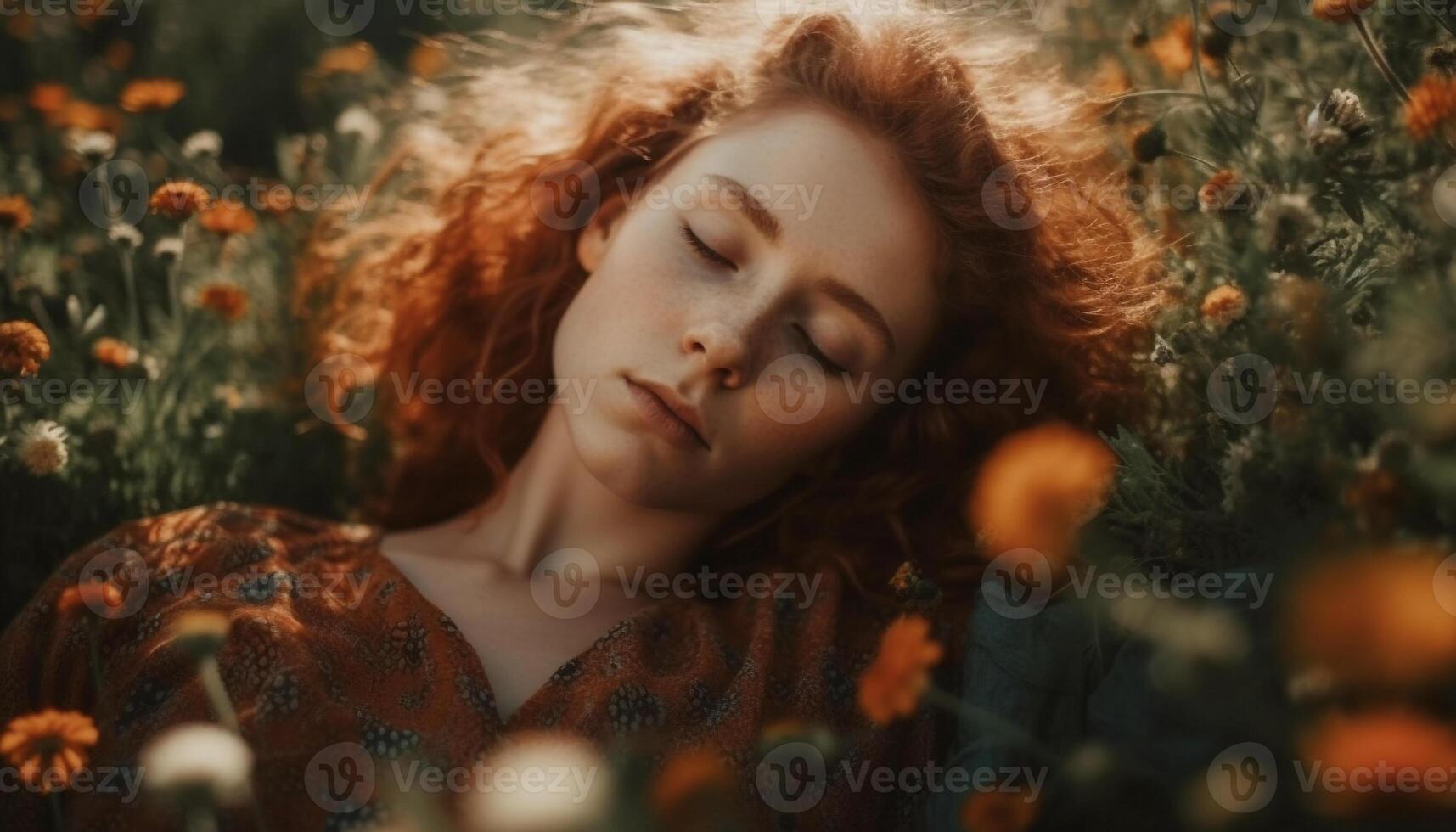Young woman enjoys nature beauty and freedom generated by AI photo