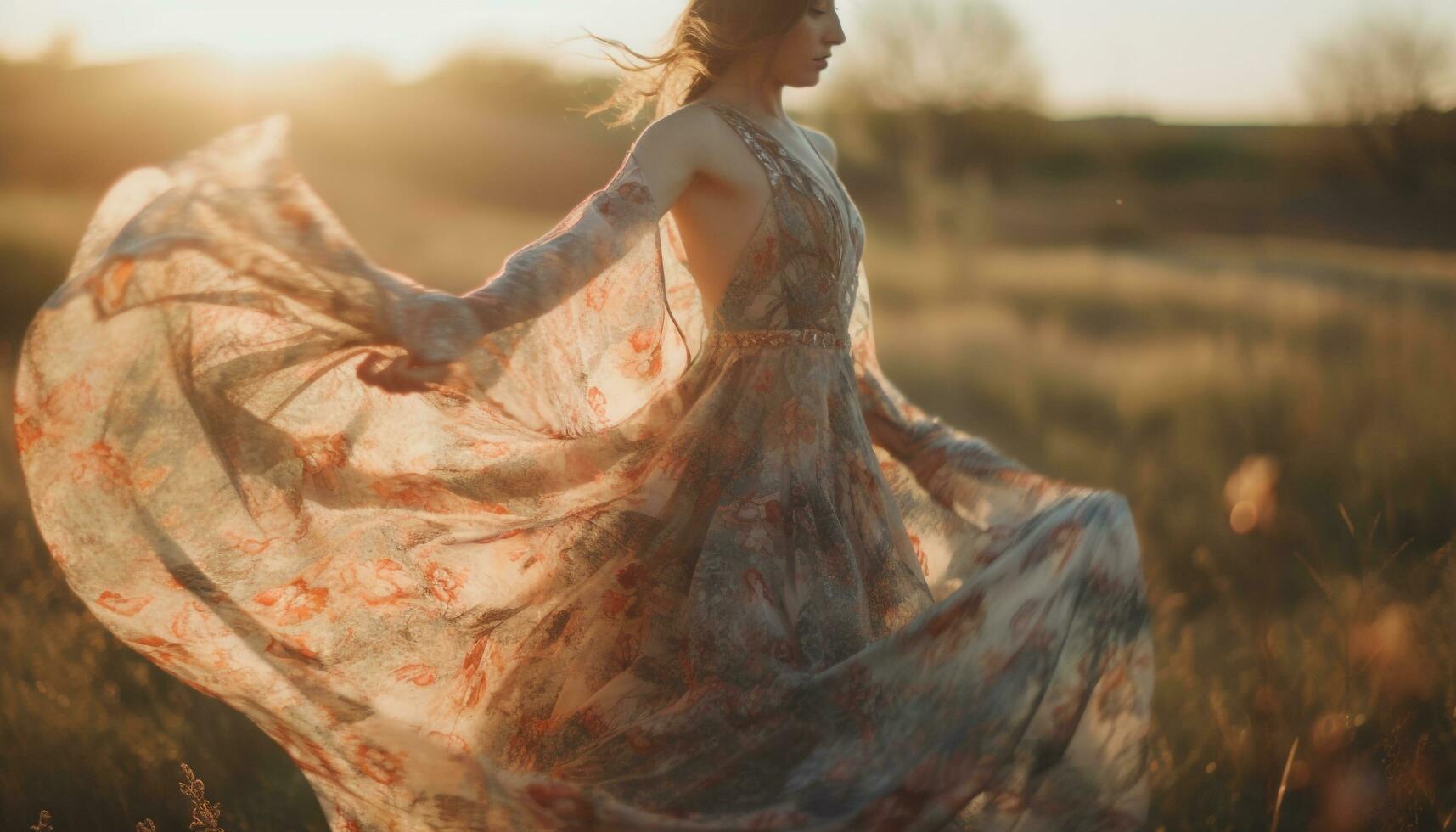 Young women in nature, enjoying summer freedom generated by AI photo