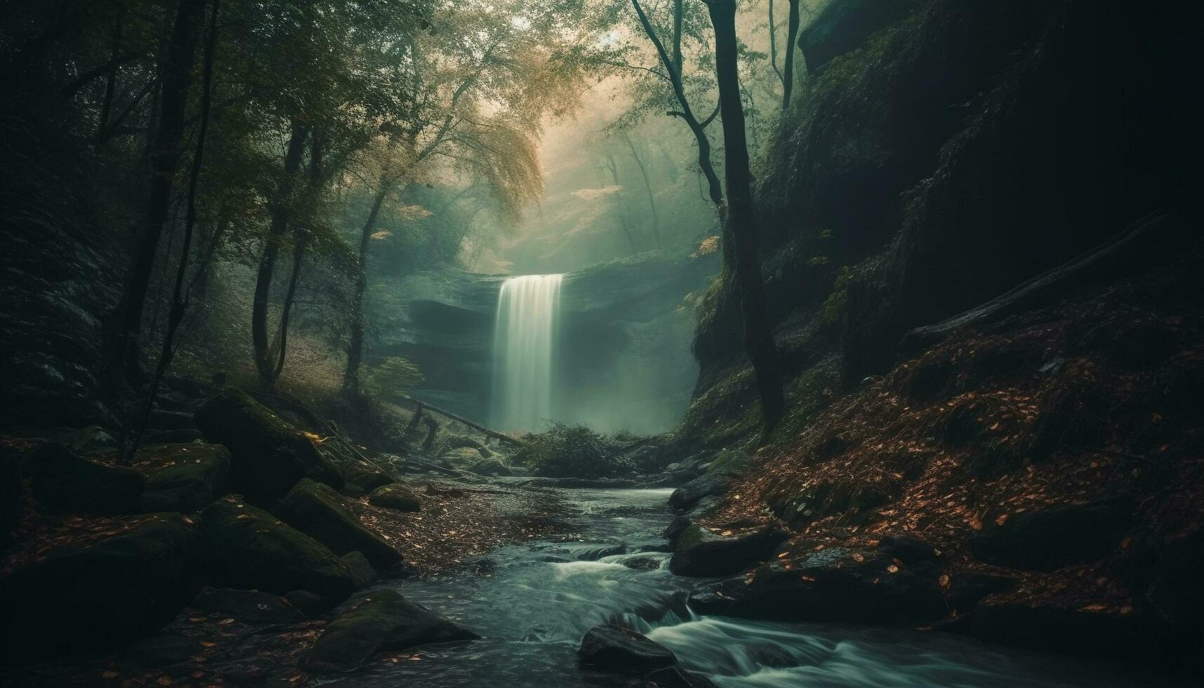 Tranquil scene of flowing water in wilderness generated by AI photo