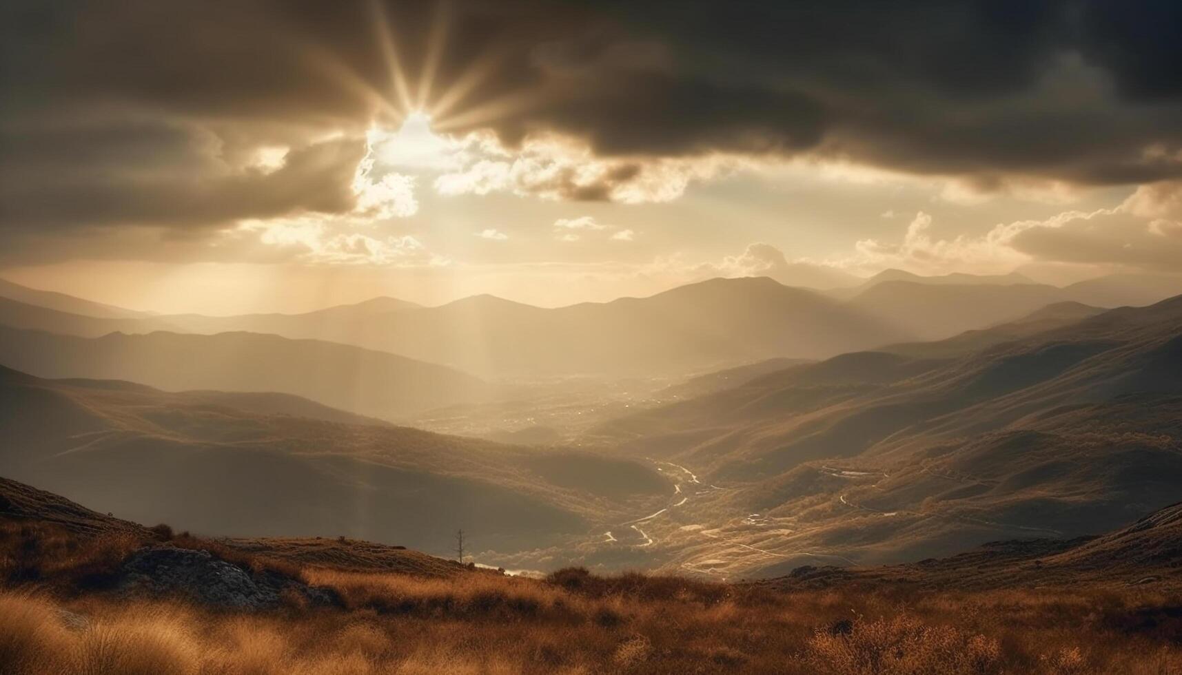 Majestic mountain range, back lit by sunset generated by AI photo
