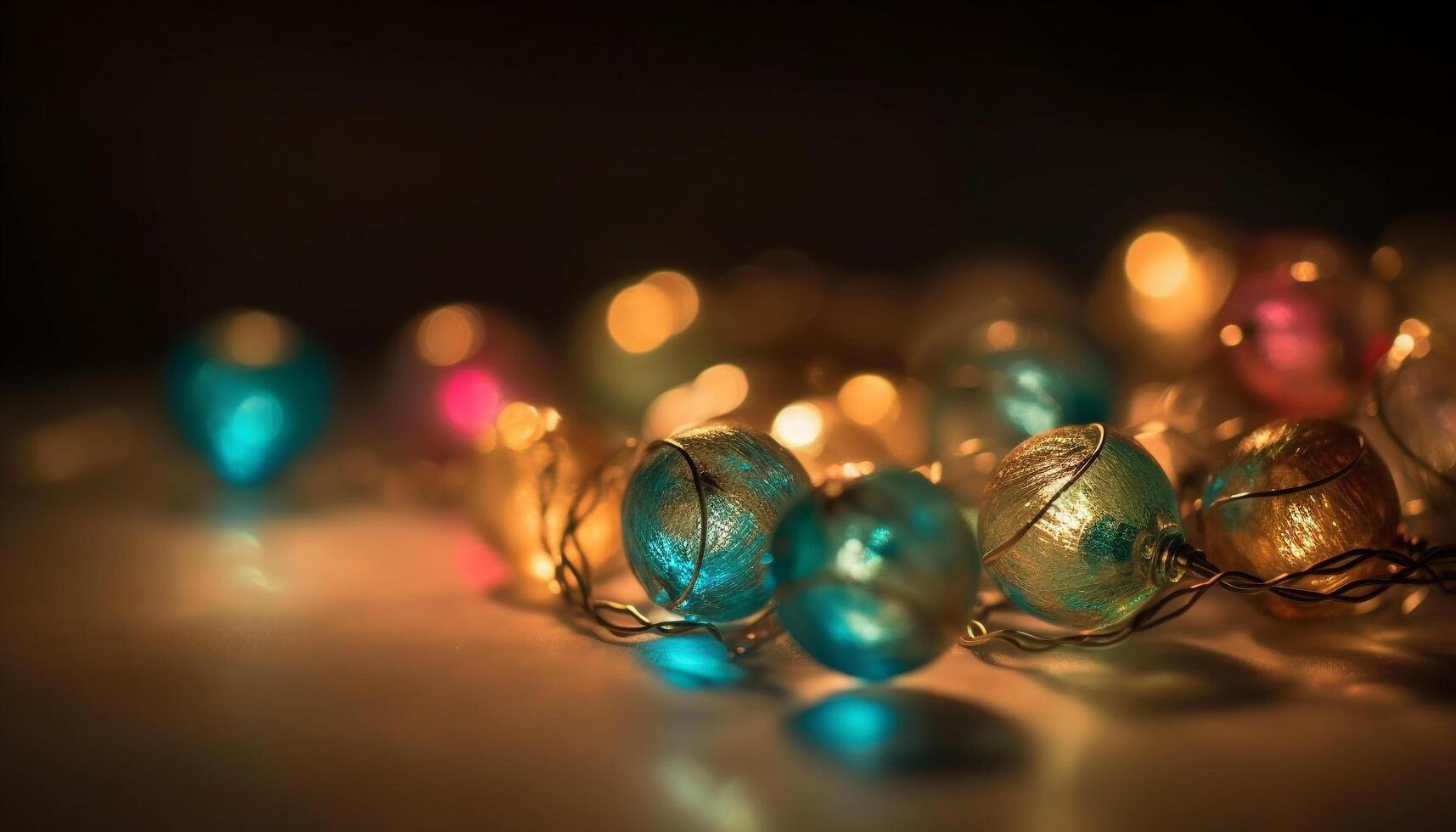 Shiny gold Christmas ornament glowing in dark generated by AI photo