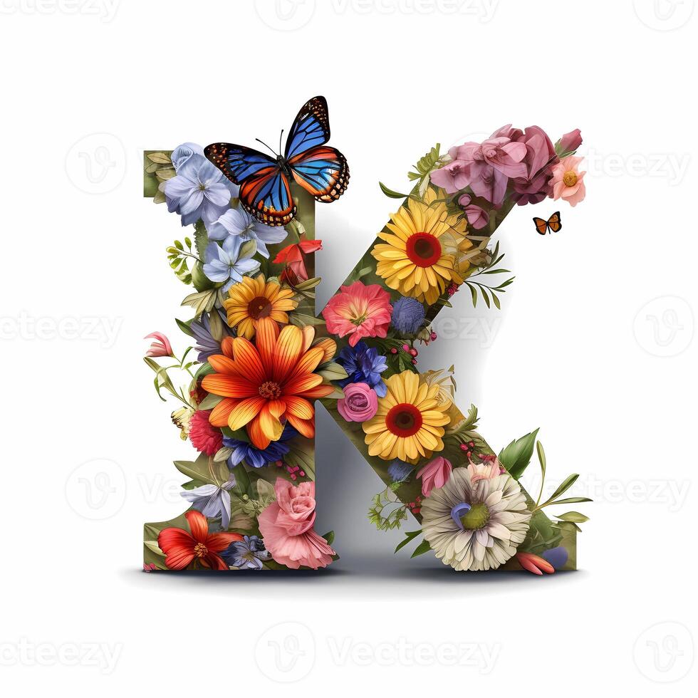 The capital letter K is made of flowers and butterflies, flowers
