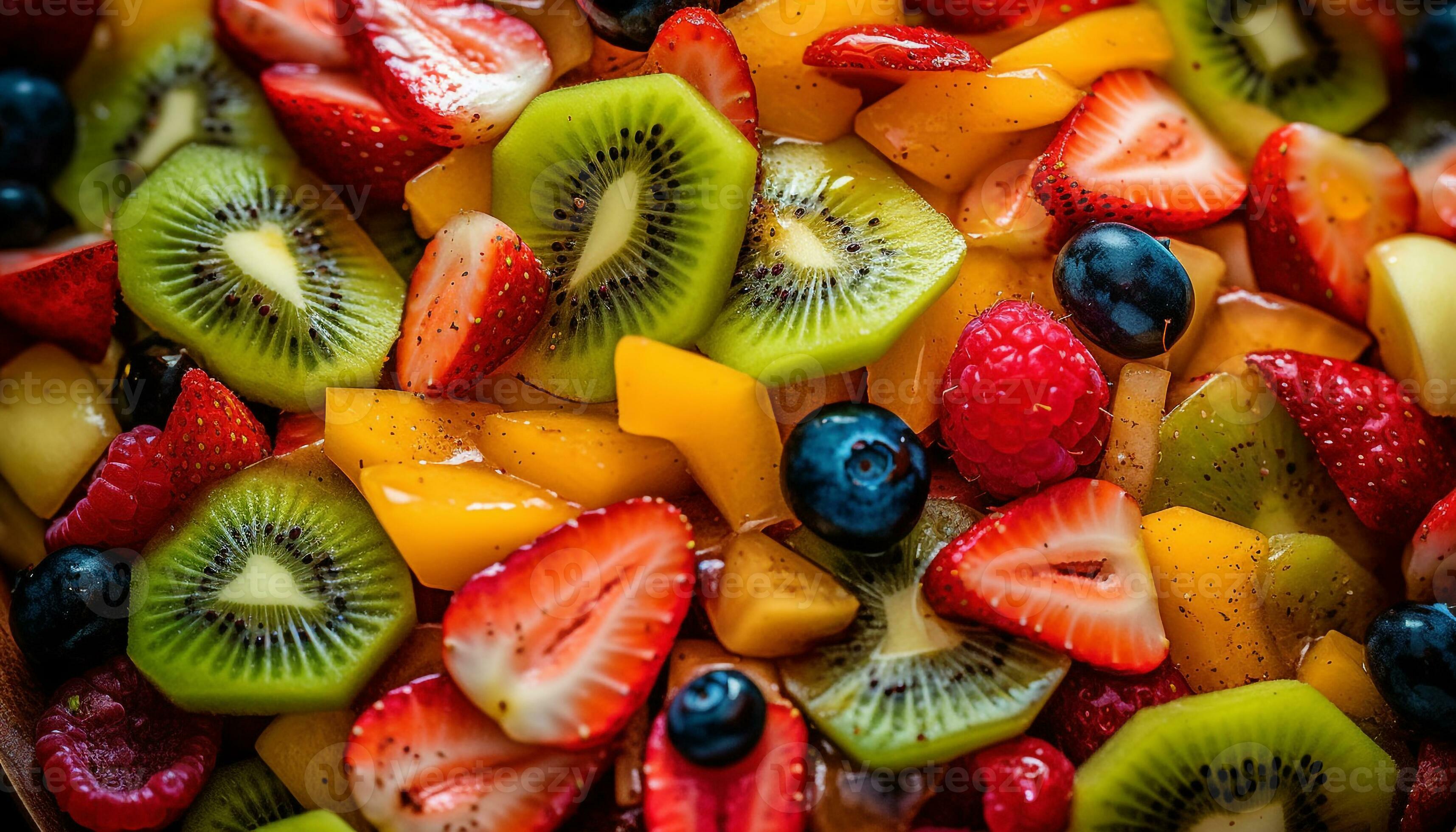 Vibrant fruit salad with fresh kiwi, strawberry, raspberry, and