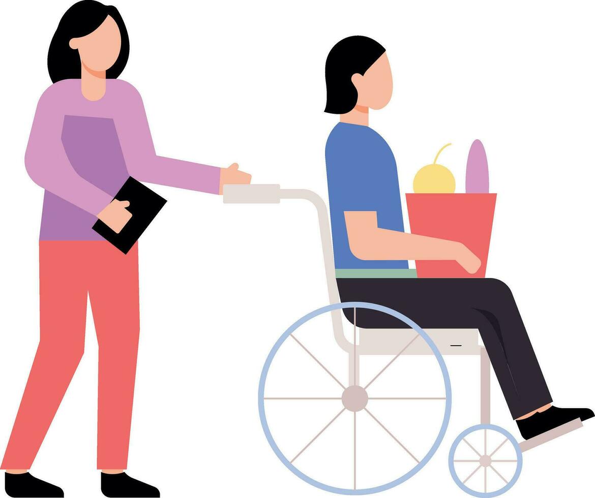 un niña Ayudar un discapacitado niña en un silla de ruedas. vector