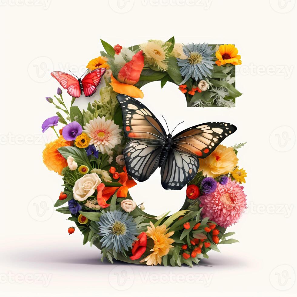 The capital letter G is made of flowers and butterflies, flowers wrapped letter, Floral Letter, photo
