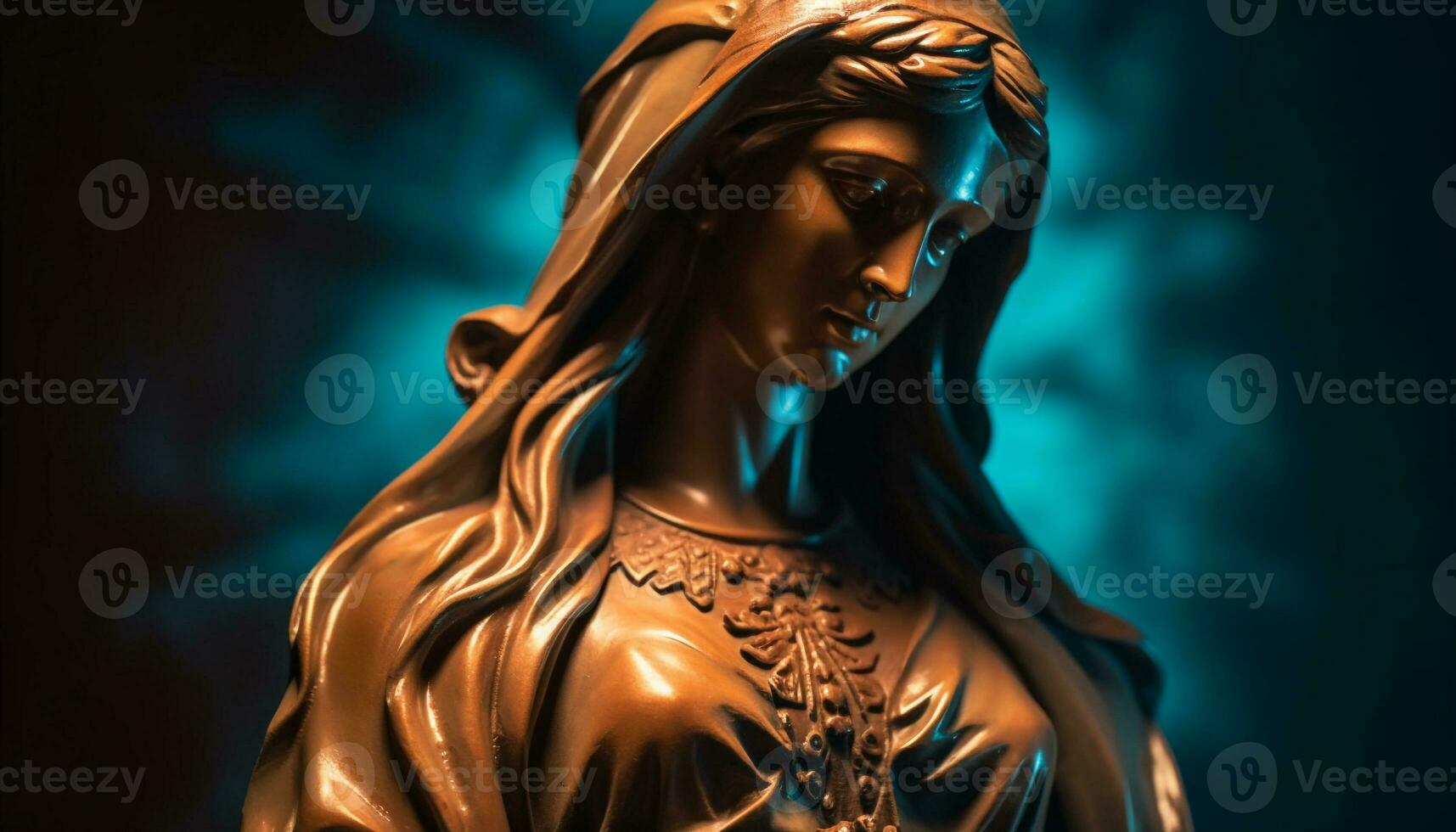 uno mujer Orando a iluminado estatua figurilla generado por ai foto