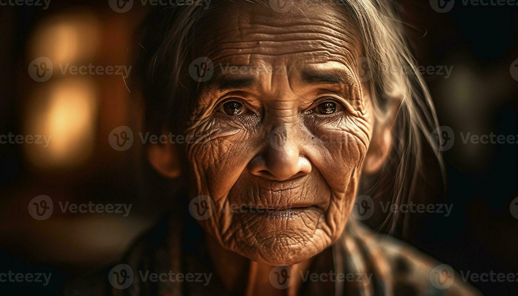 Serene senior woman smiling outdoors, embracing happiness generated by AI photo