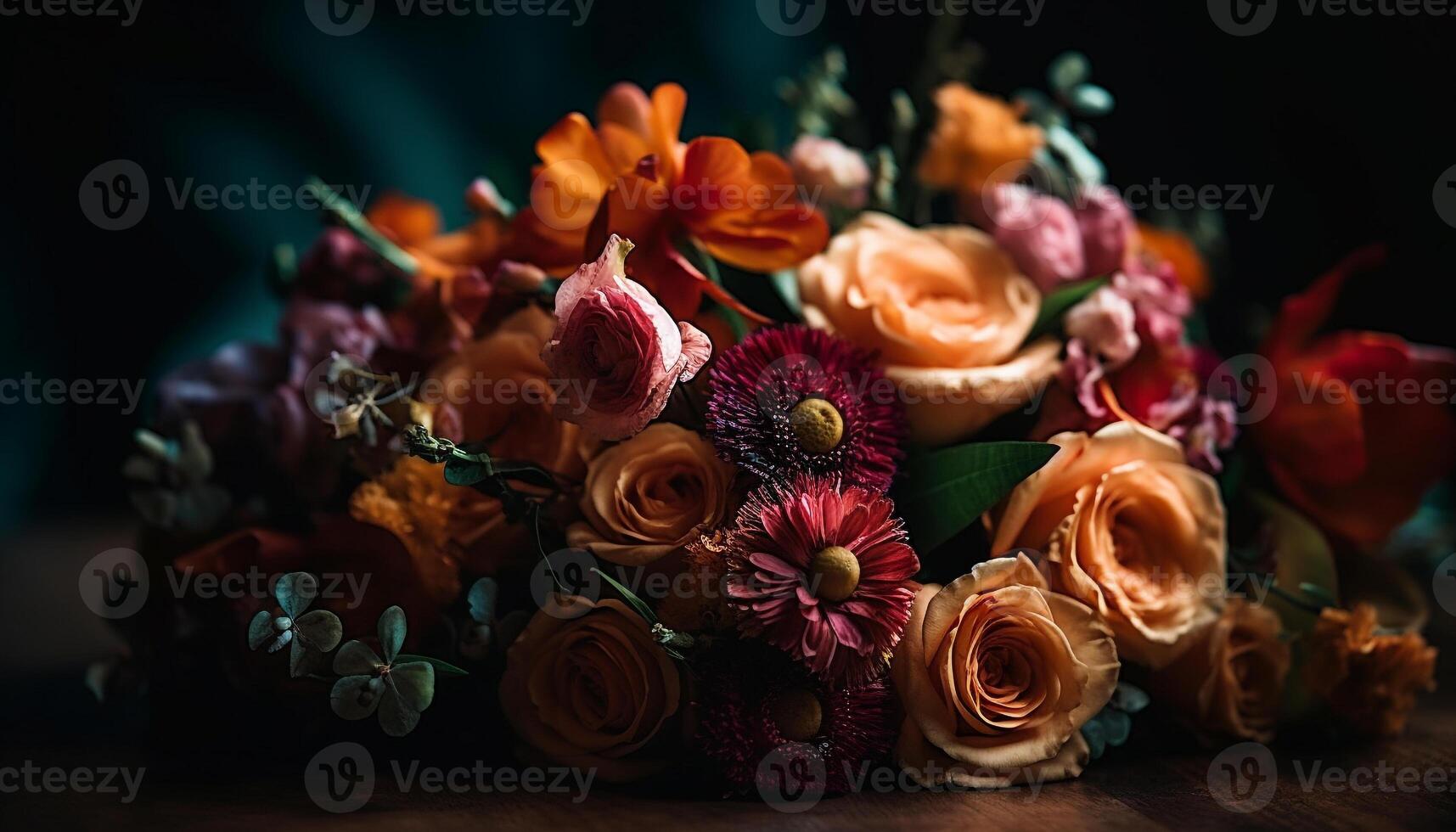 Fresh bouquet of multi colored flowers on rustic wood generated by AI photo