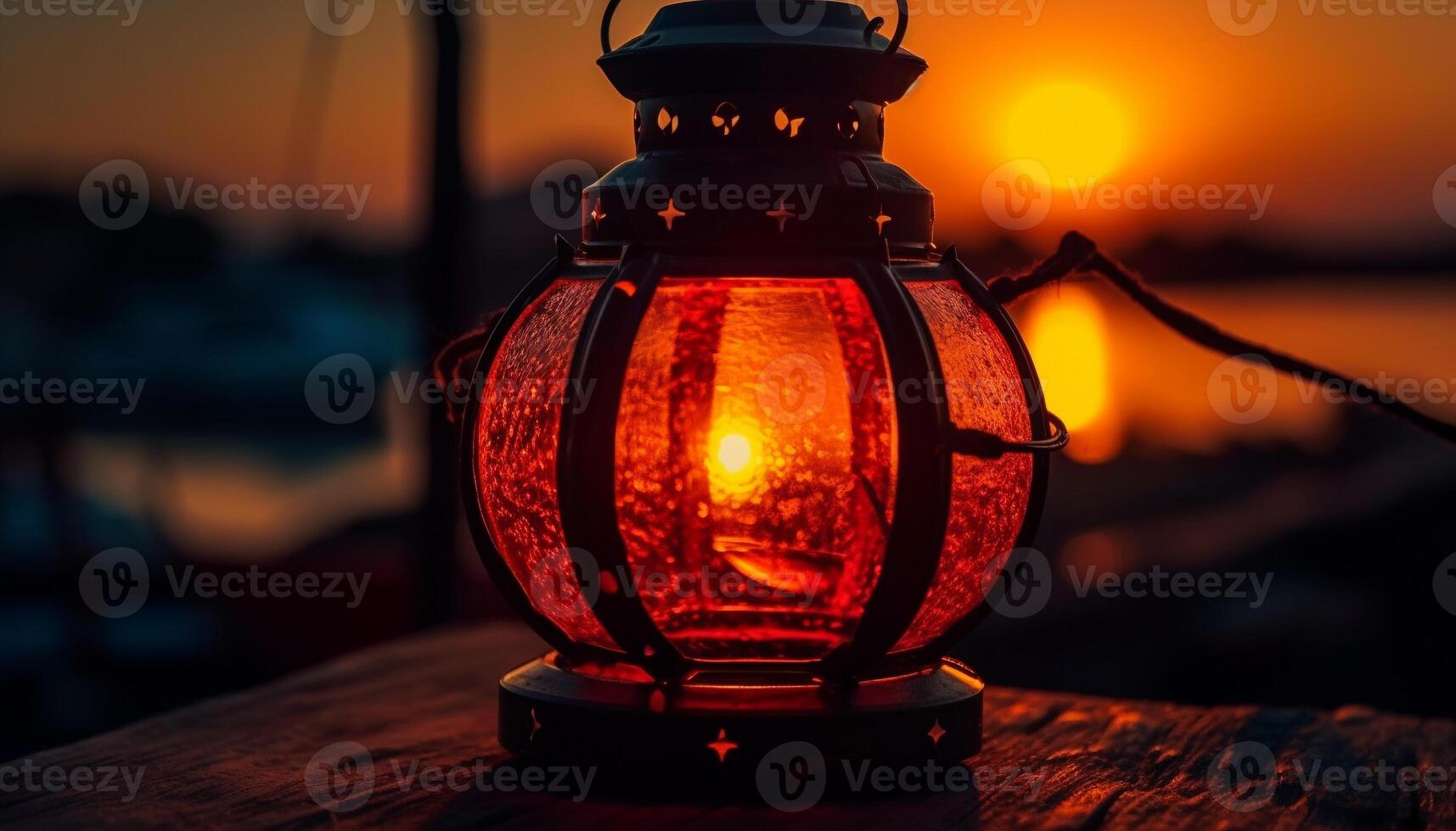 Glowing lantern illuminates rustic wood at dusk generated by AI photo