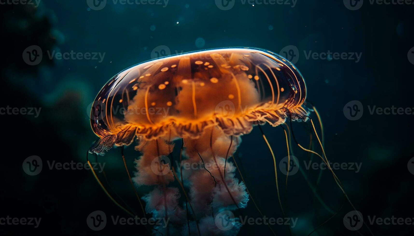 Glowing moon jellyfish swimming in dark water generated by AI photo