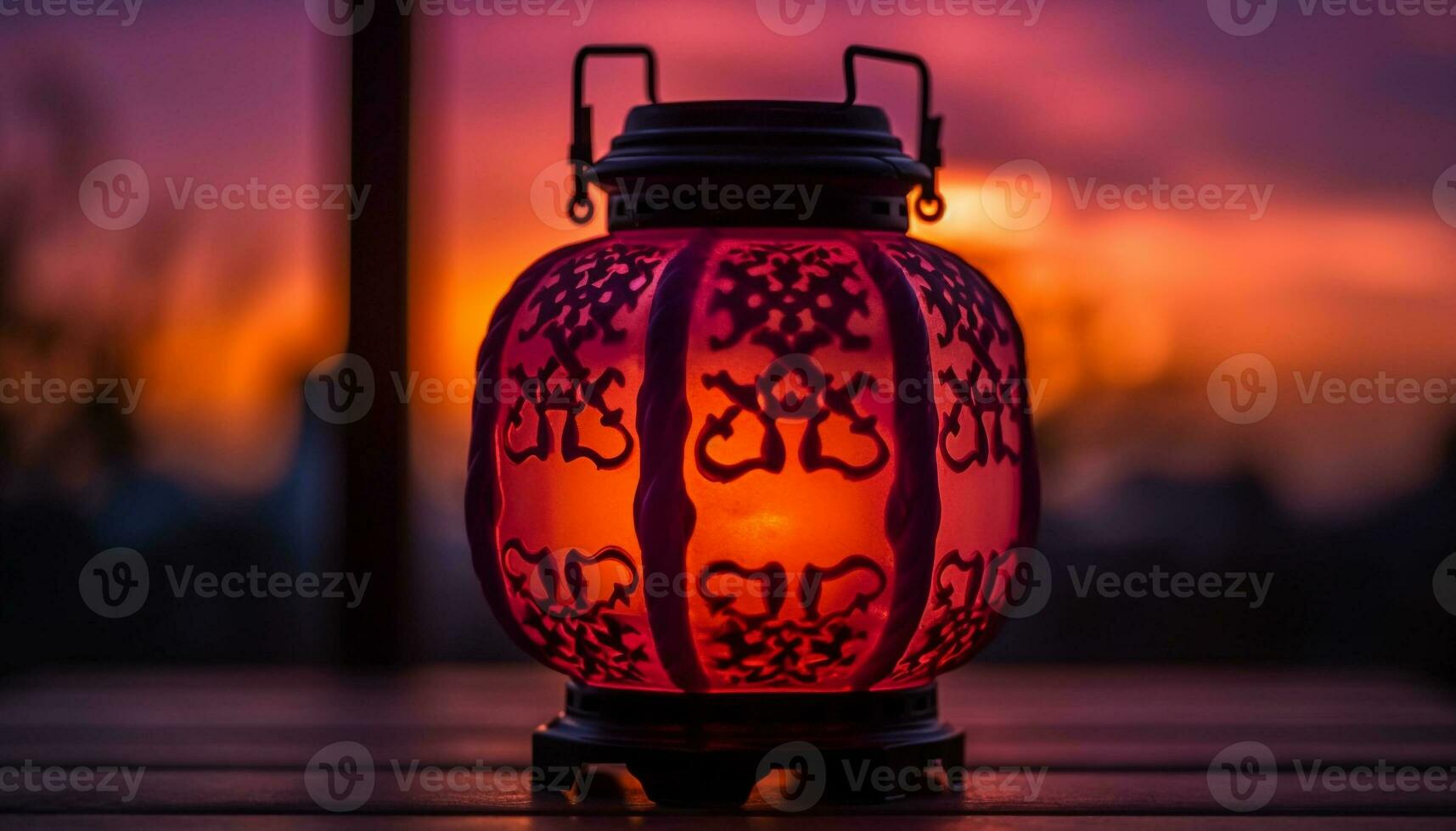 Glowing lantern illuminates rustic pumpkin decoration at dusk generated by AI photo