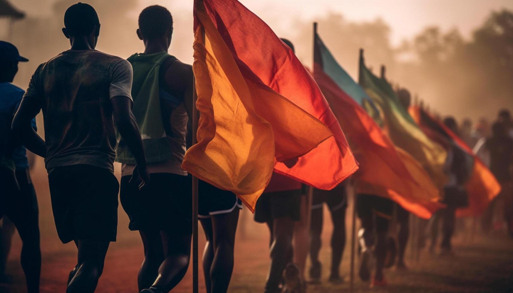 Running athletes in silhouette celebrate success outdoors generated by AI photo