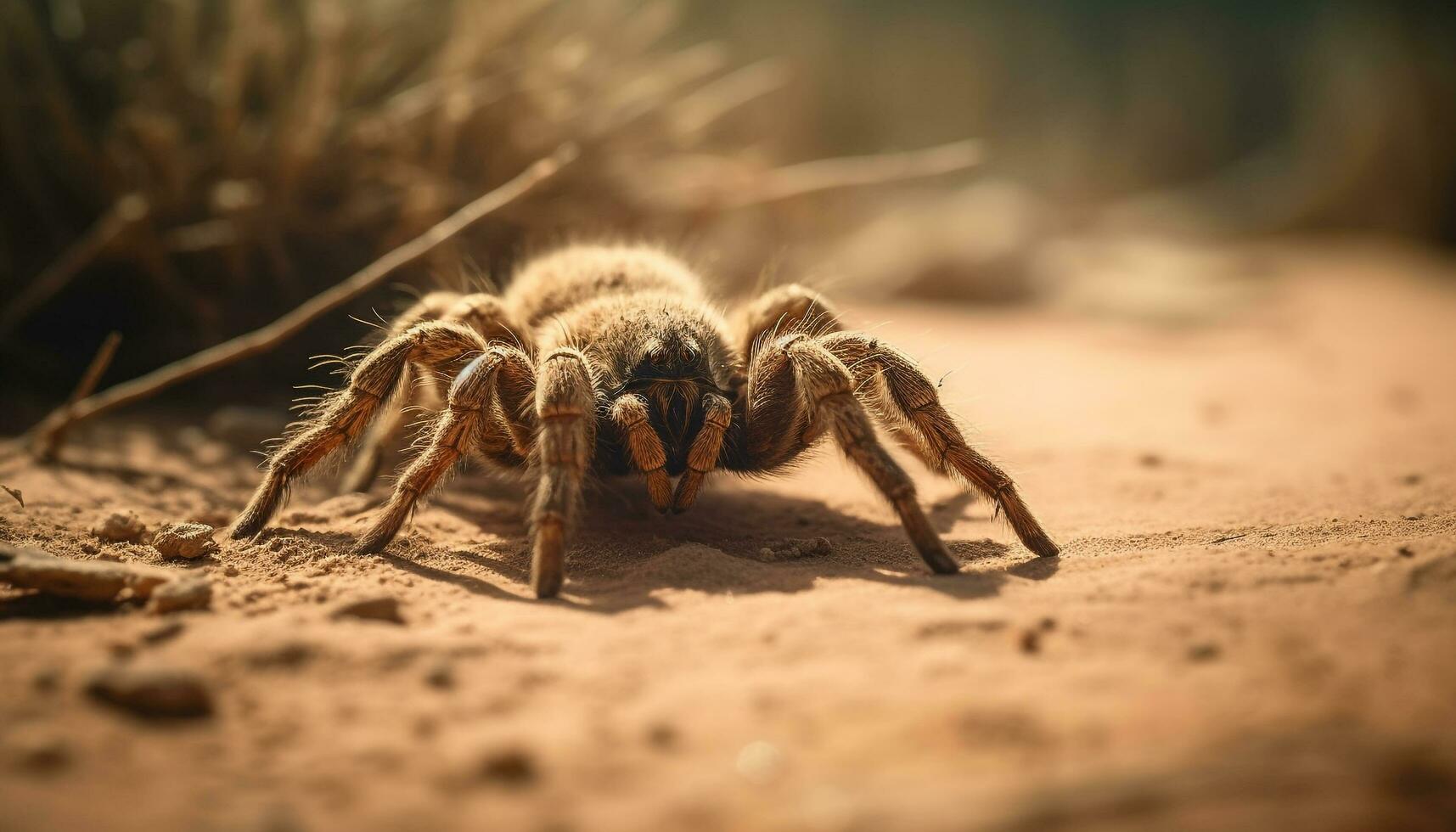Hairy tarantula crawling on spider web outdoors generated by AI photo