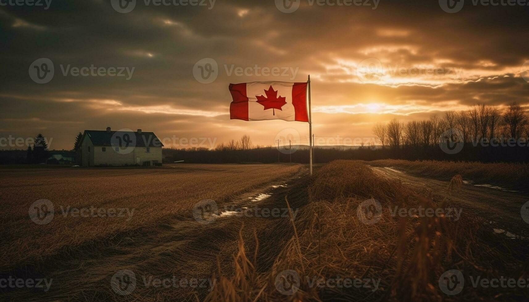 Canadian flag waves in vibrant sunset sky generated by AI photo