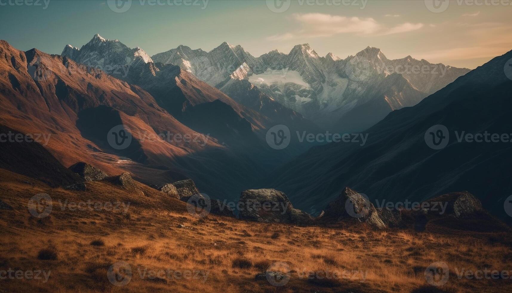 Majestic mountain peak, tranquil meadow, sunset beauty generated by AI photo